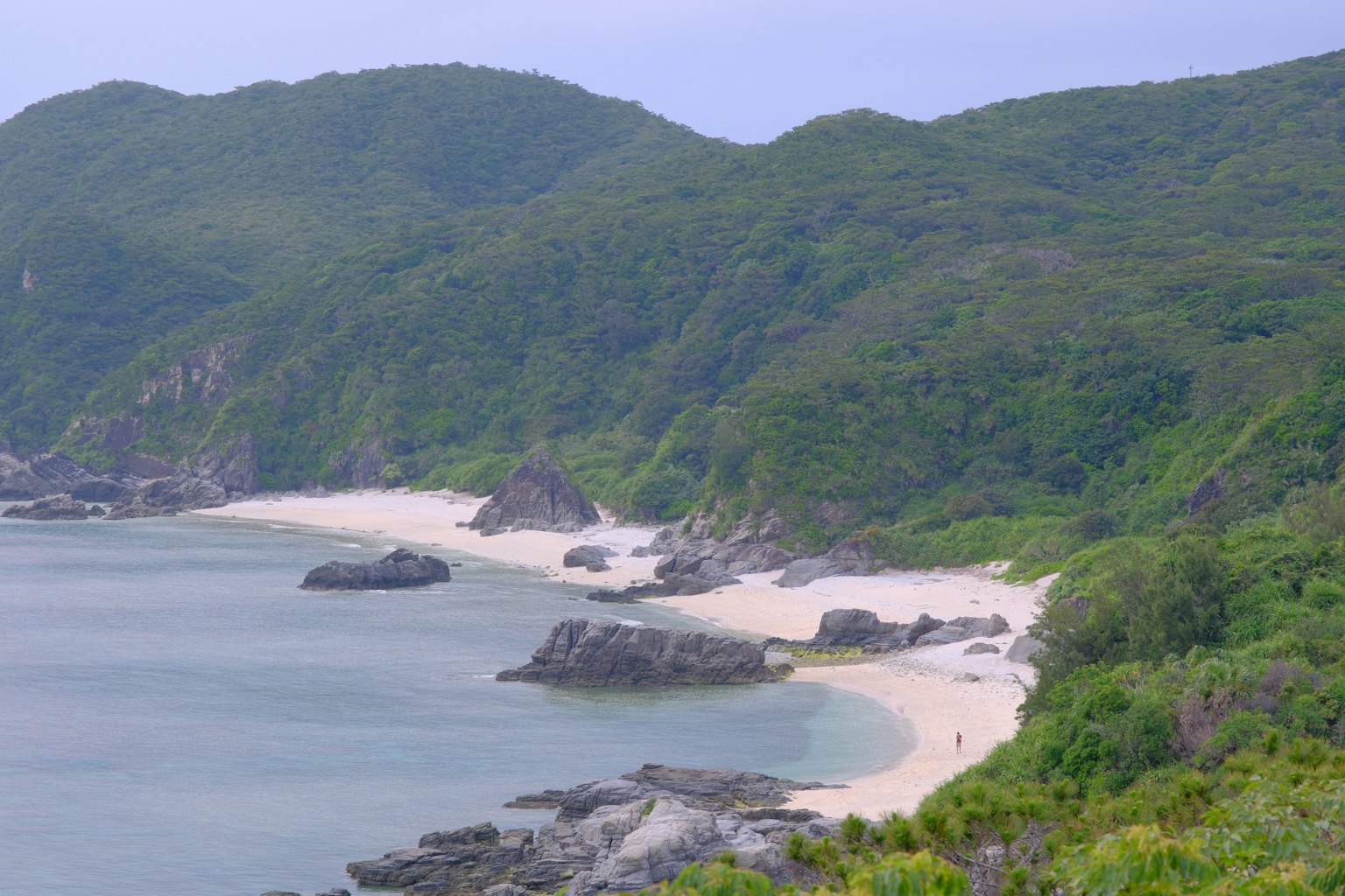 Malersiche Küste mit grünen Hügeln und Sandstrand