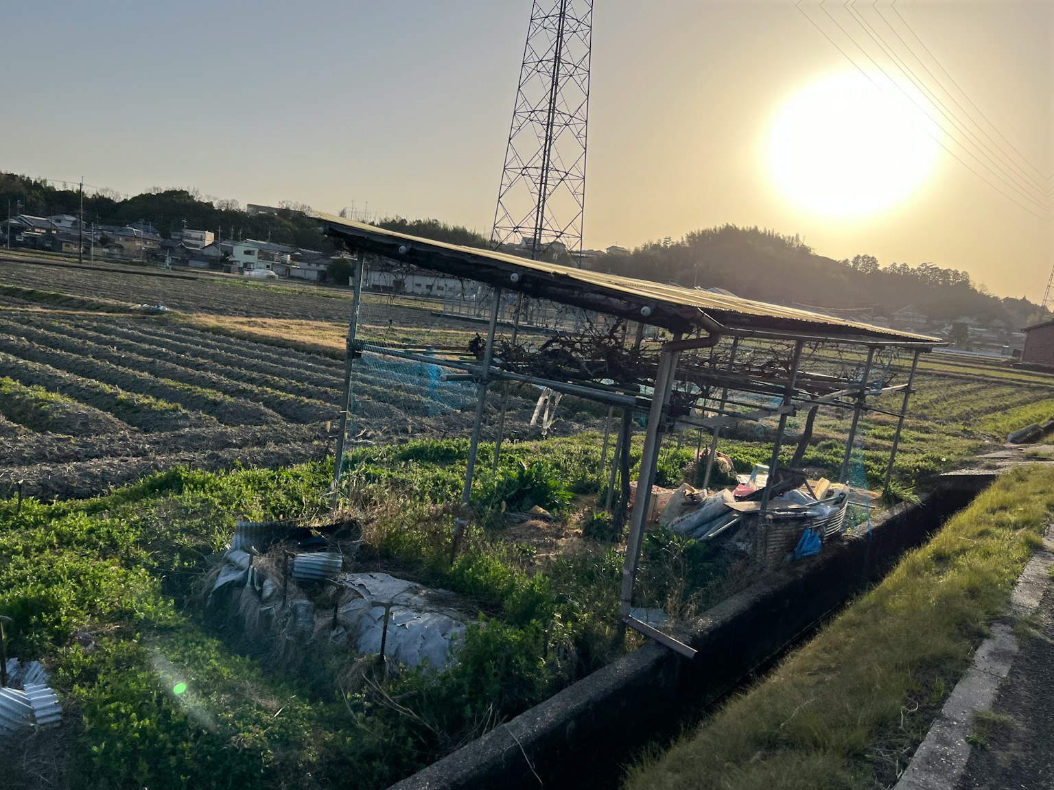 Tramonto su un paesaggio agricolo con un capanno di lavoro