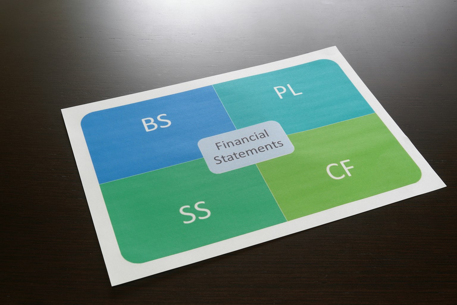 Biểu đồ minh họa báo cáo tài chính được chia thành bốn phần BS PL SS CF