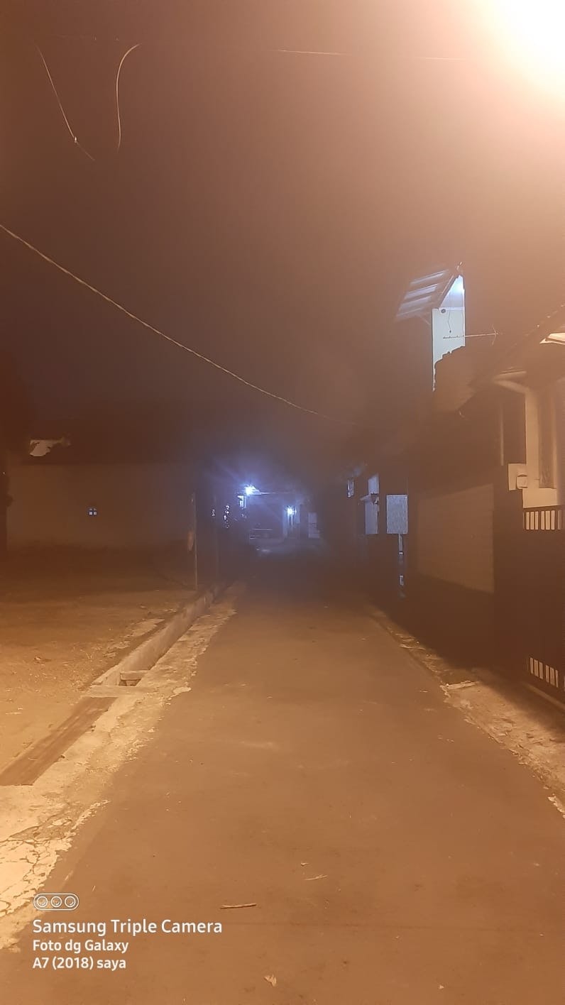 霧の夜に続く街路と街灯の光