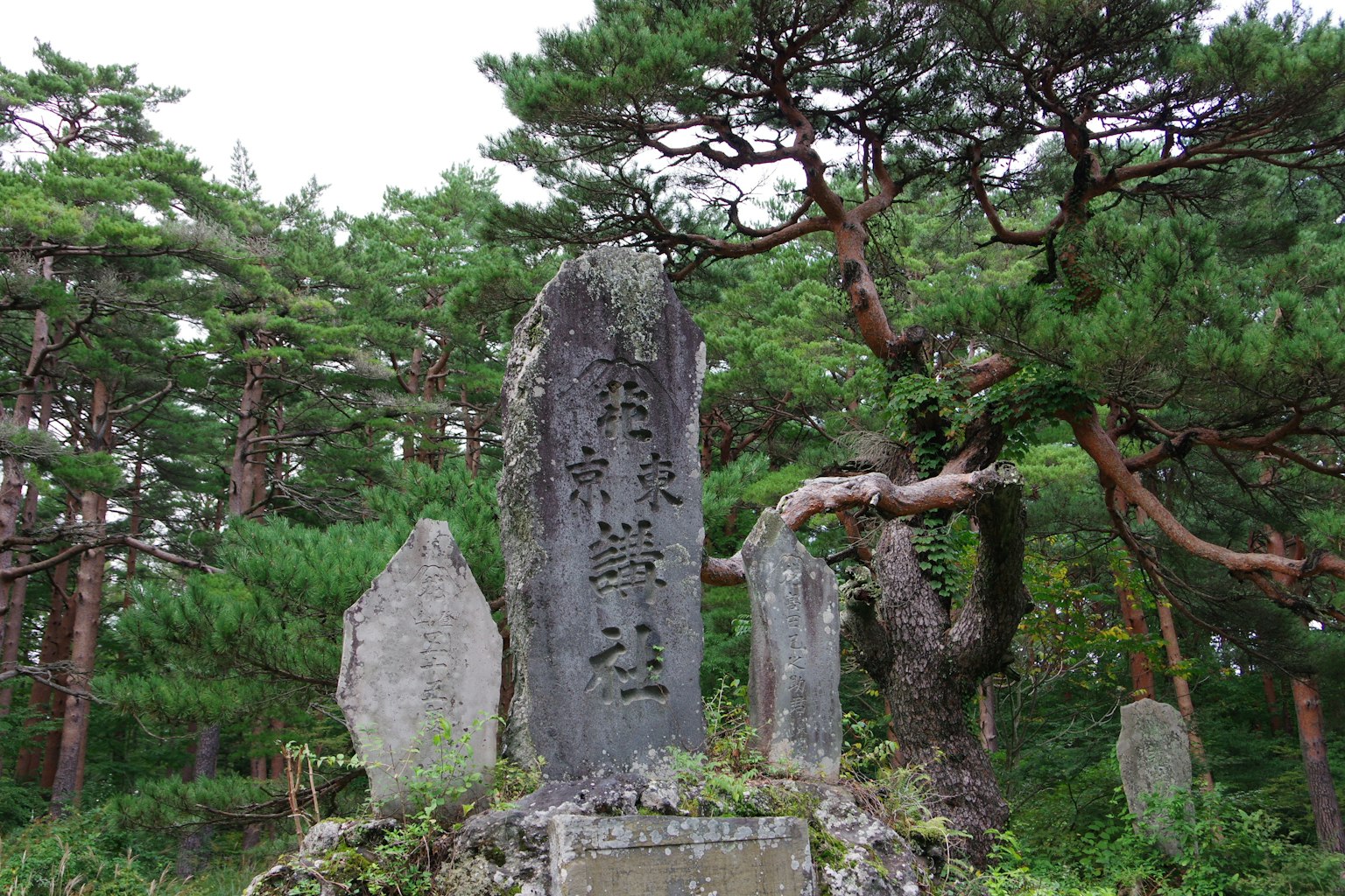 Alter Steinmonument umgeben von grünen Bäumen und kleineren Steinen