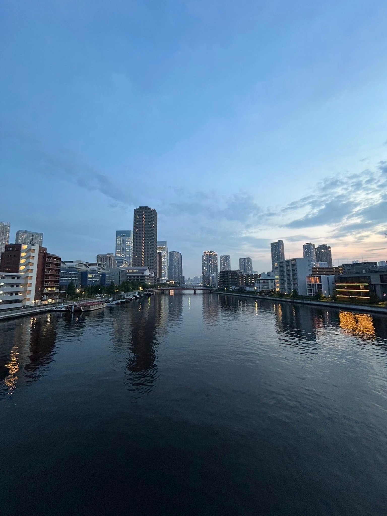 Silhouette della città al crepuscolo con riflessi sul fiume