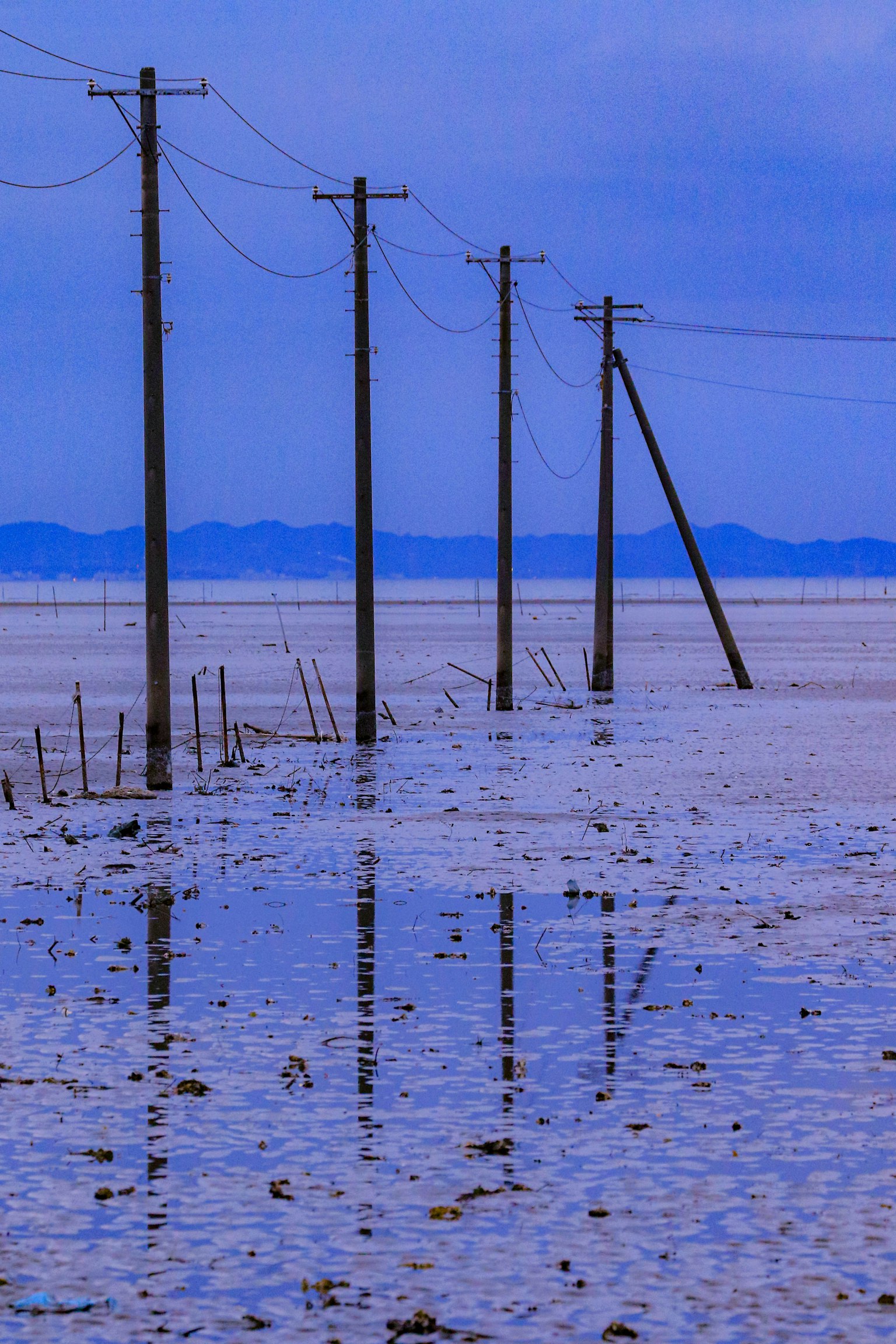Row of utility poles reflected in blue water with distant mountains