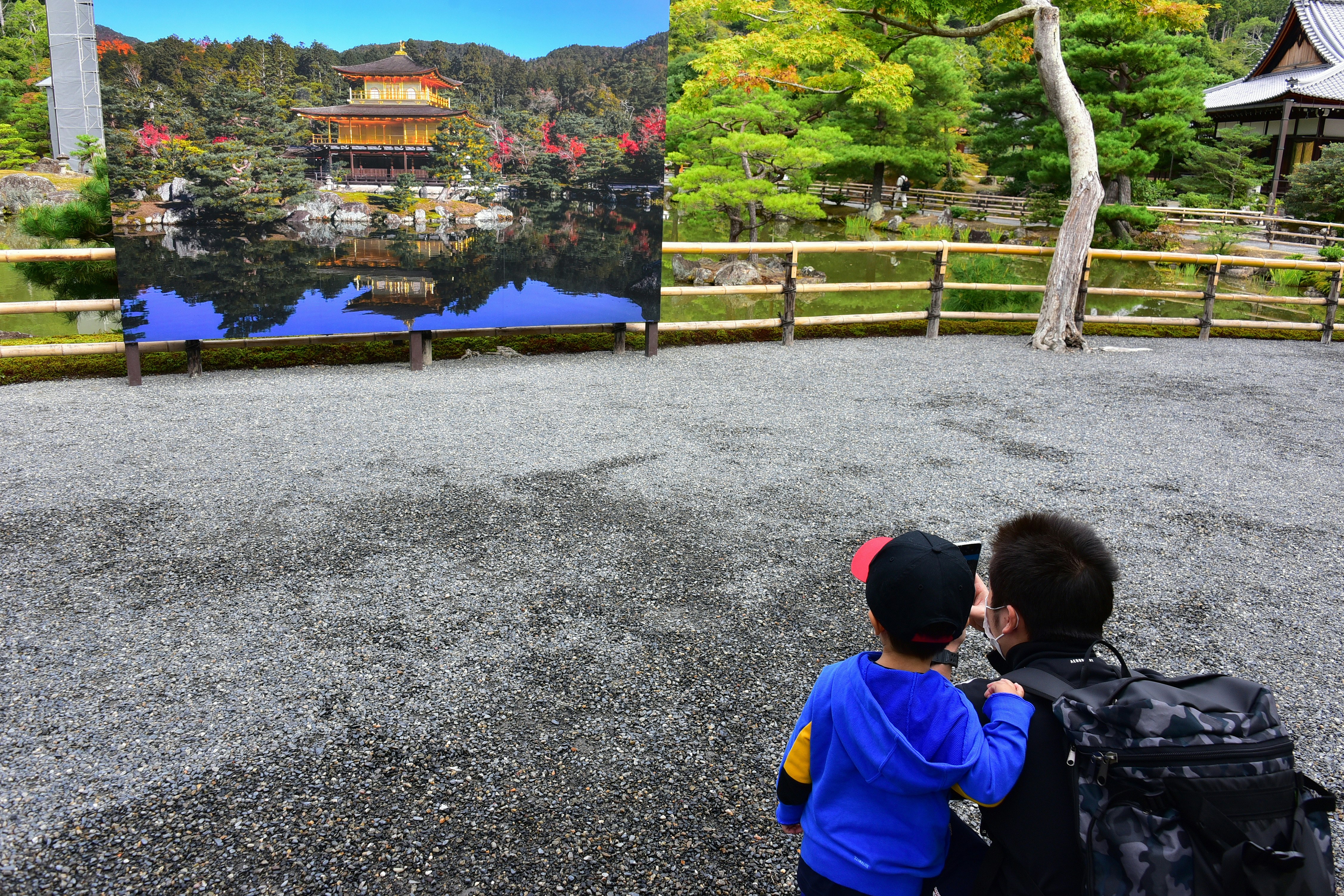 金閣寺の改修工事でシートに覆われた屋根と庭園を見上げる親子