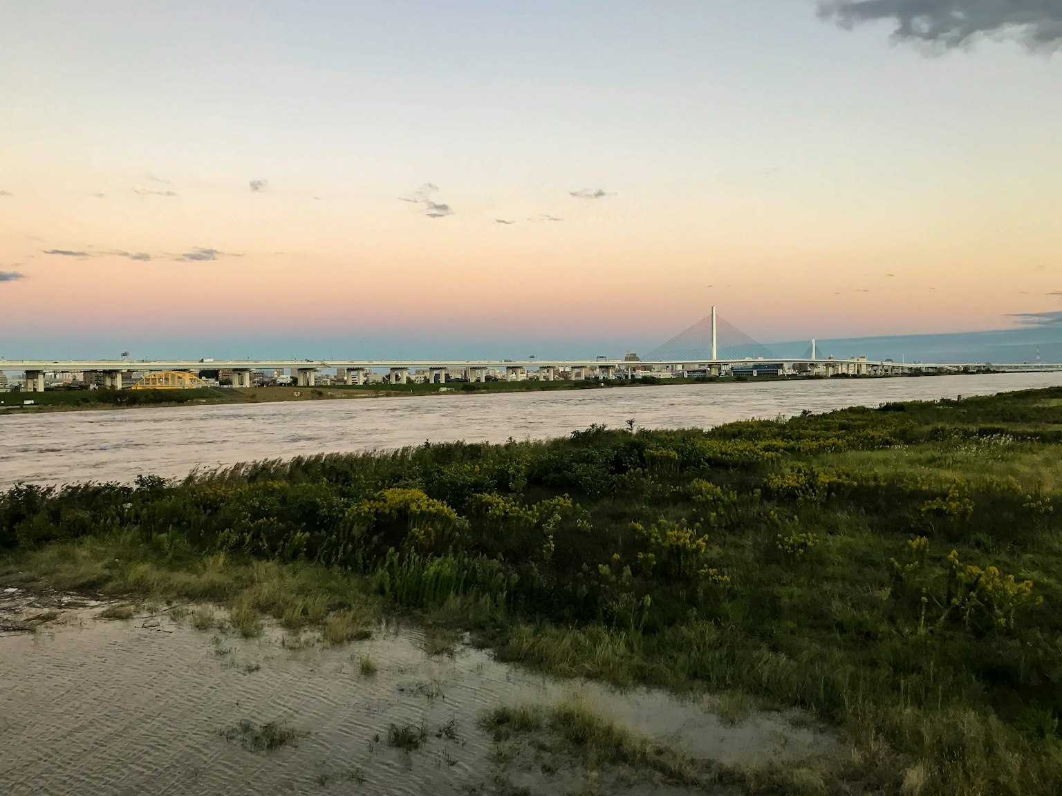 Vista escénica del mar y el cielo al atardecer Colores pastel suaves con prados en primer plano Edificios y turbinas eólicas a lo lejos
