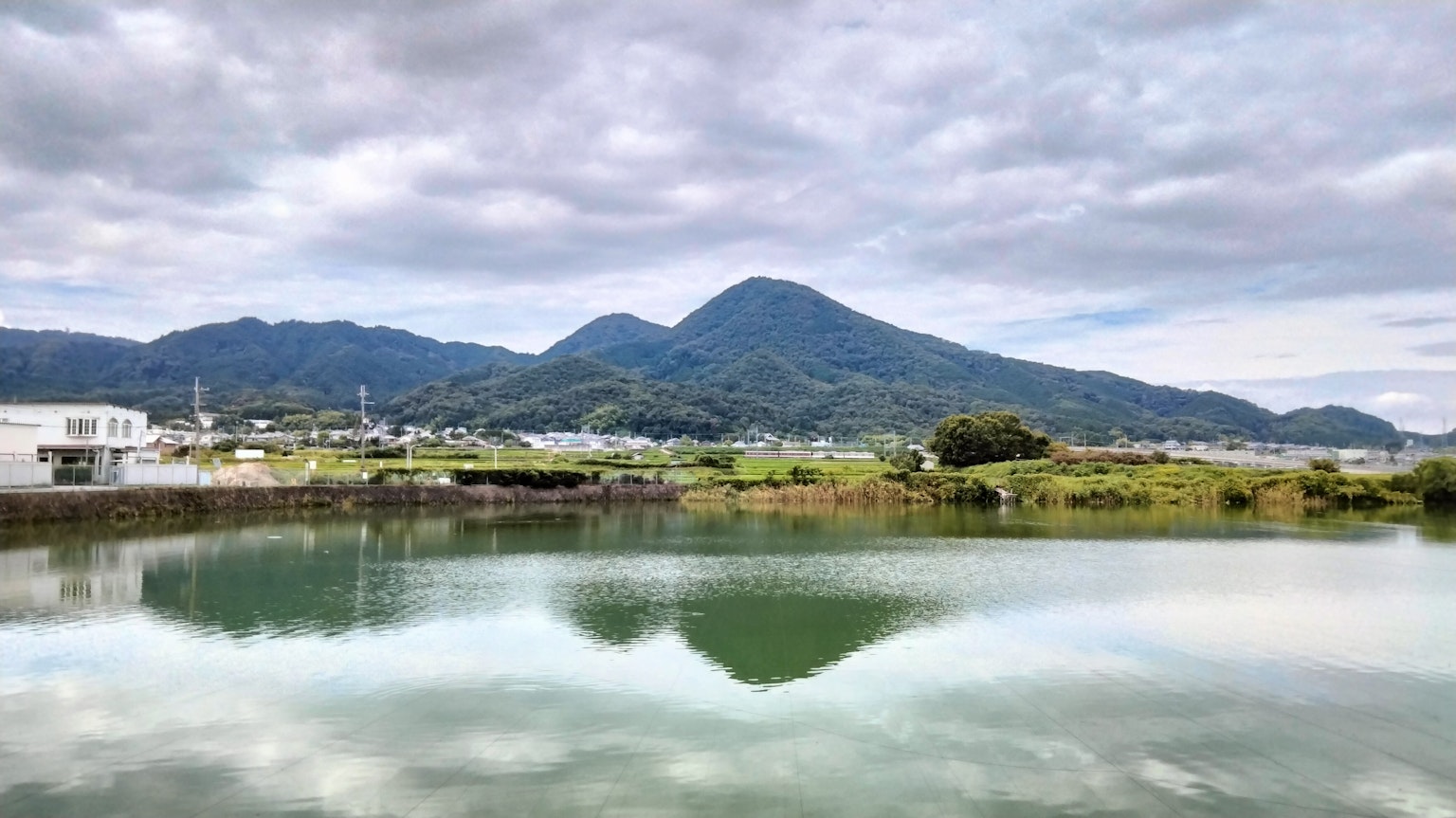 Vue panoramique d'un lac tranquille reflétant une montagne sous un ciel nuageux