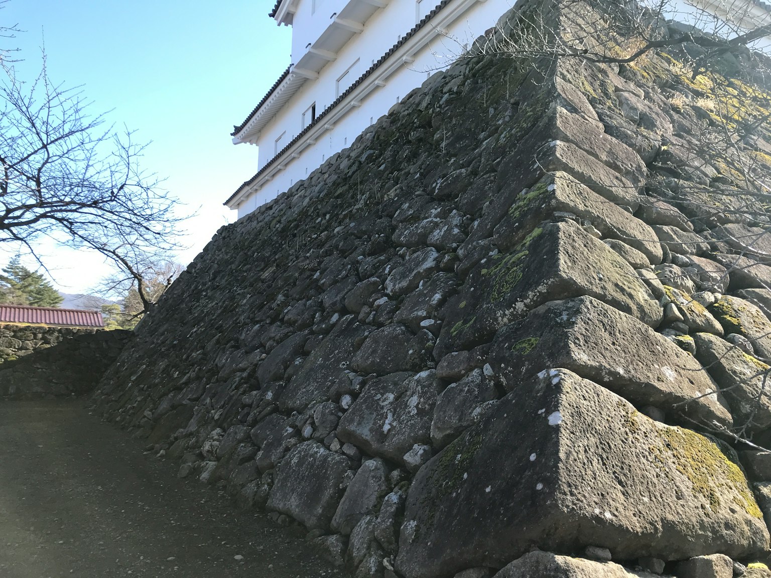 Steep stone foundation of a castle with moss and vegetation
