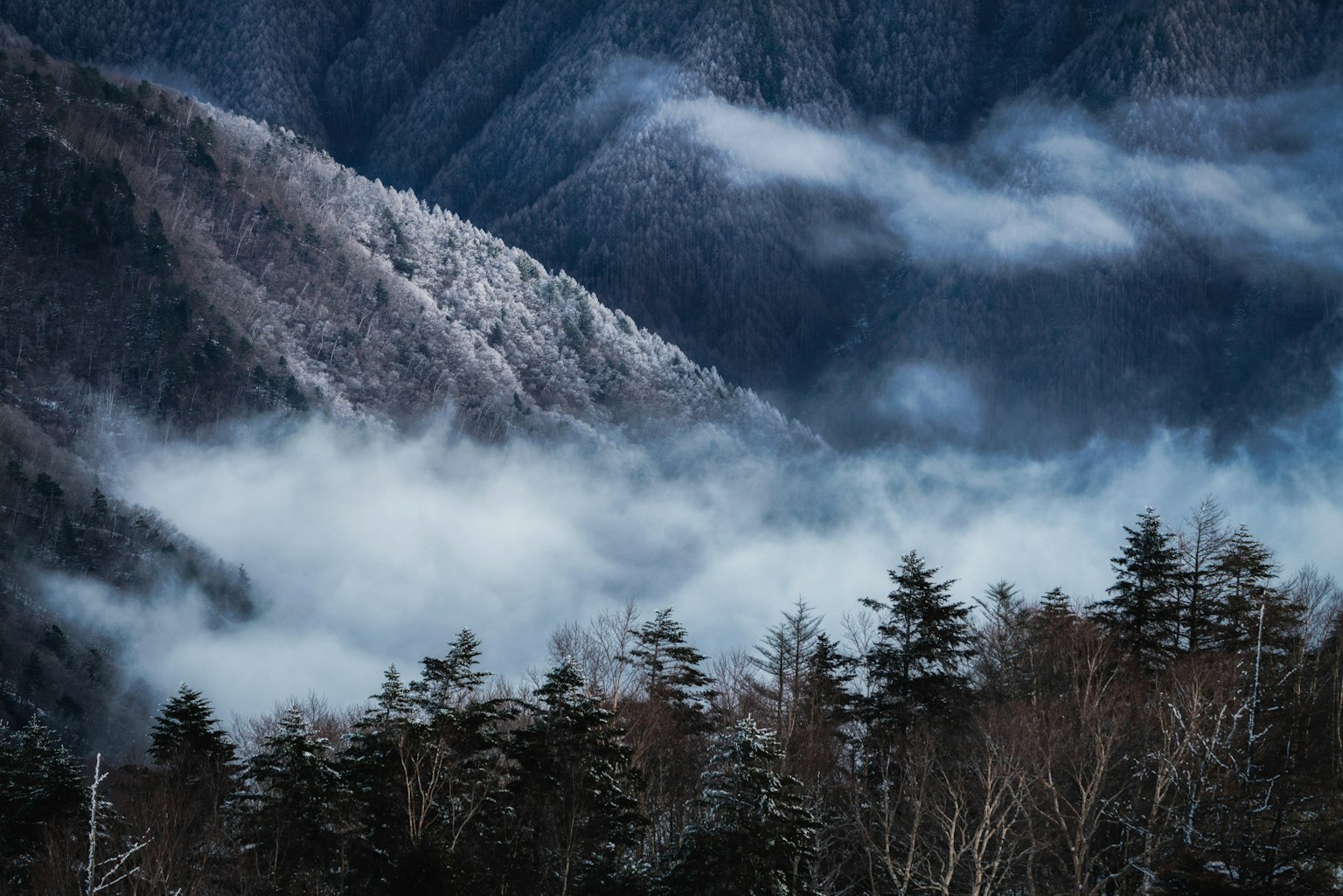 被雪覆盖的山脉和雾气缭绕的云朵