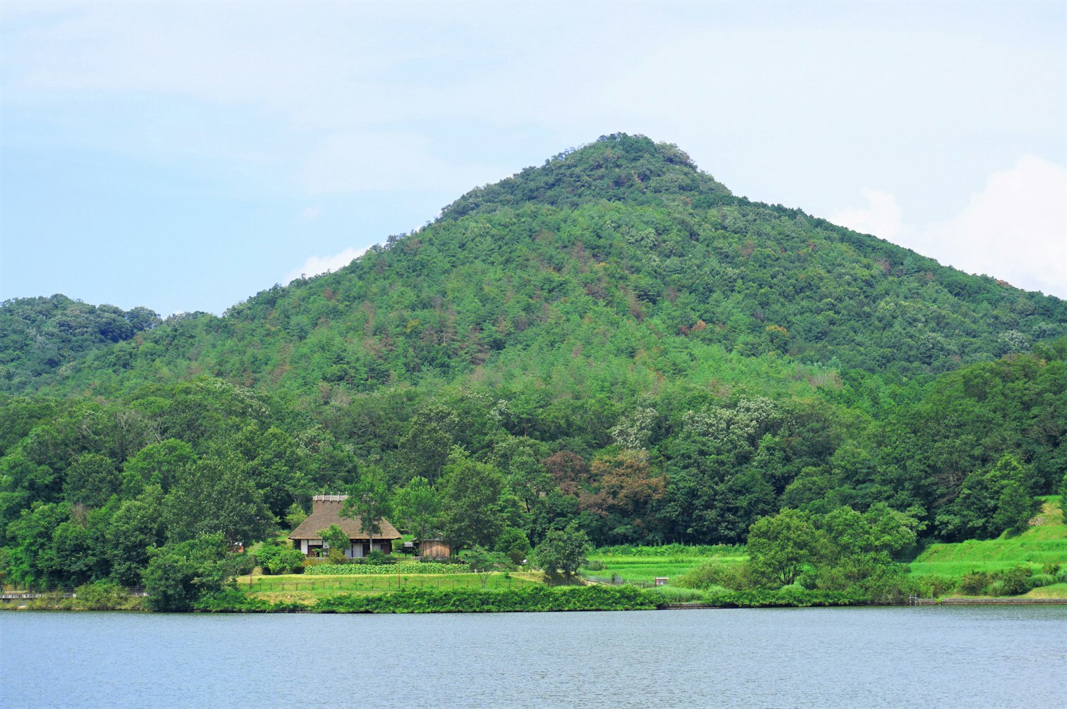 Vue pittoresque d'une montagne verdoyante et d'une petite maison près d'un lac calme