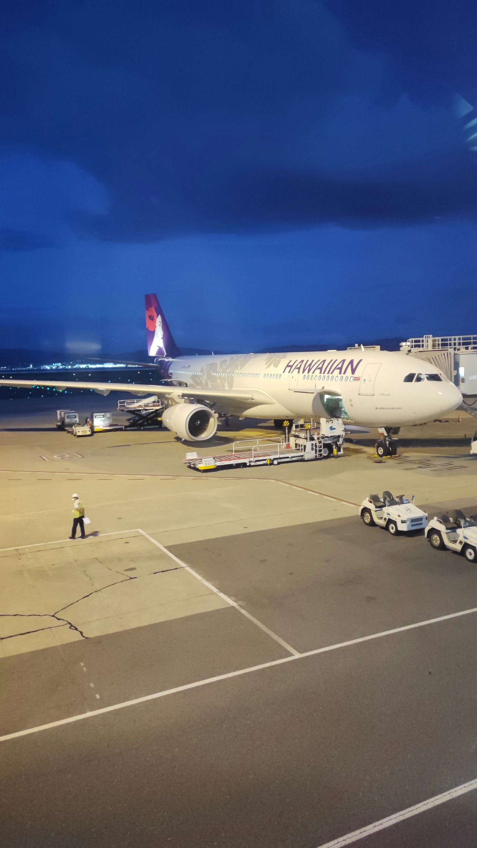 Un aereo parcheggiato all'aeroporto sotto un cielo notturno