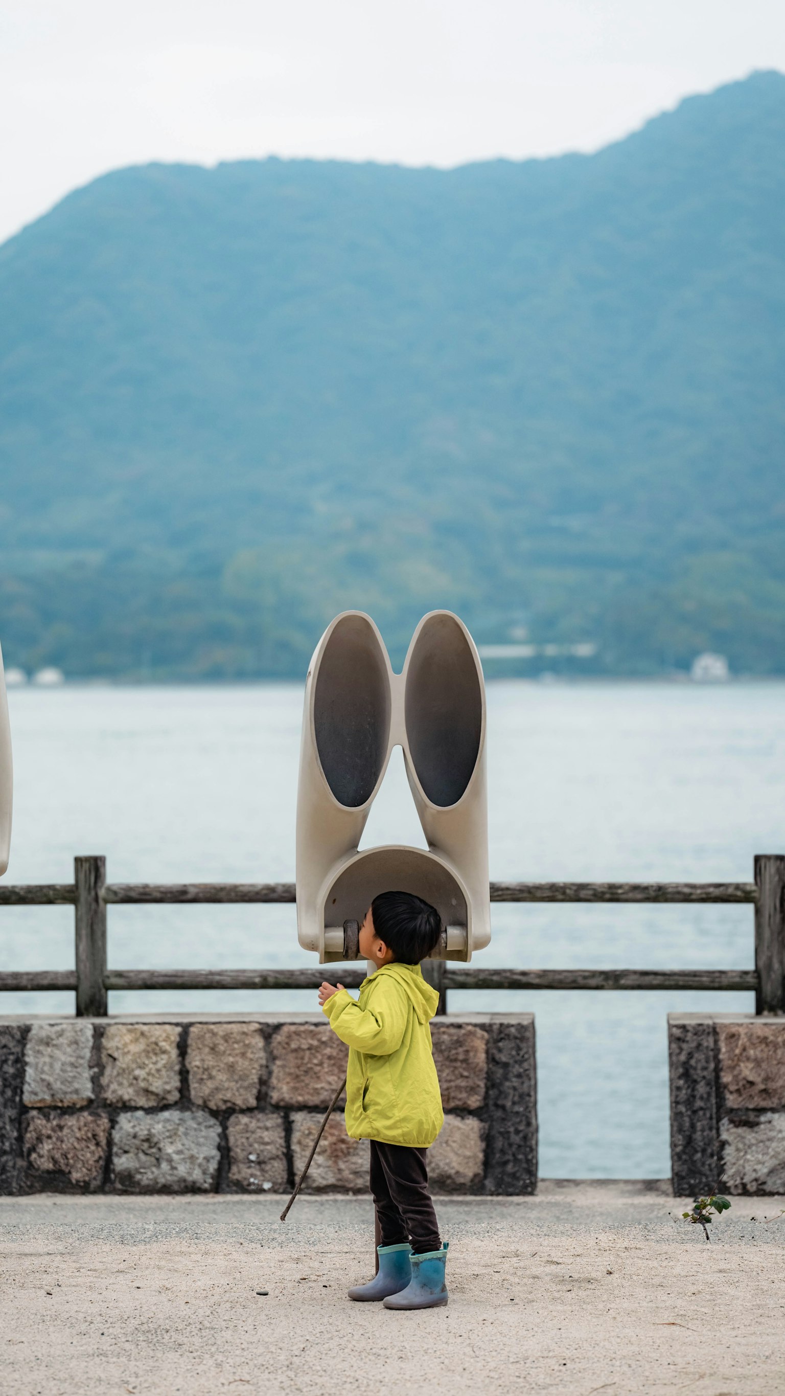 穿著黃色外套的孩子站在湖邊，背景是山
