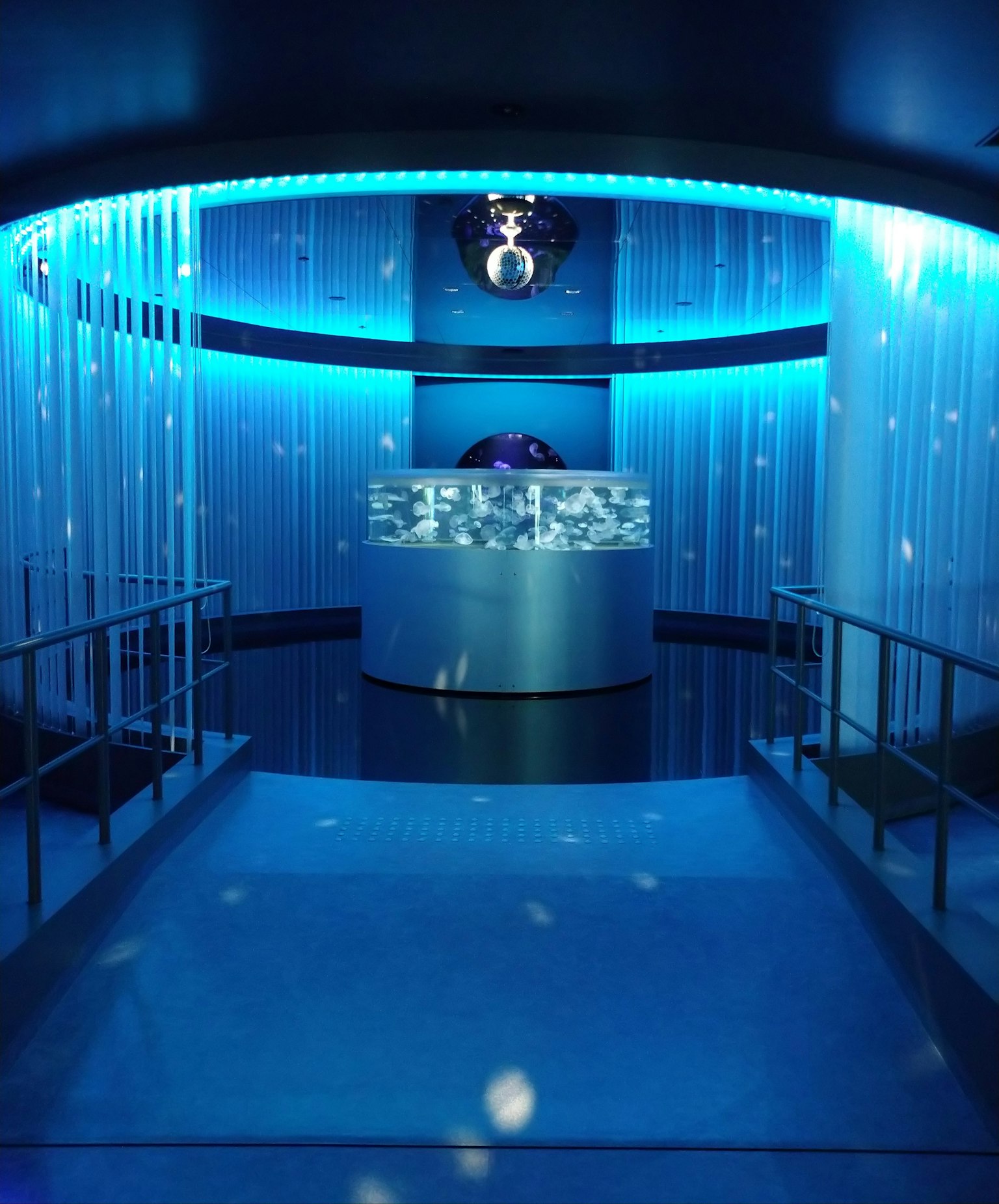 青い照明とディスコボールが特徴のモダンなクラブエントランス