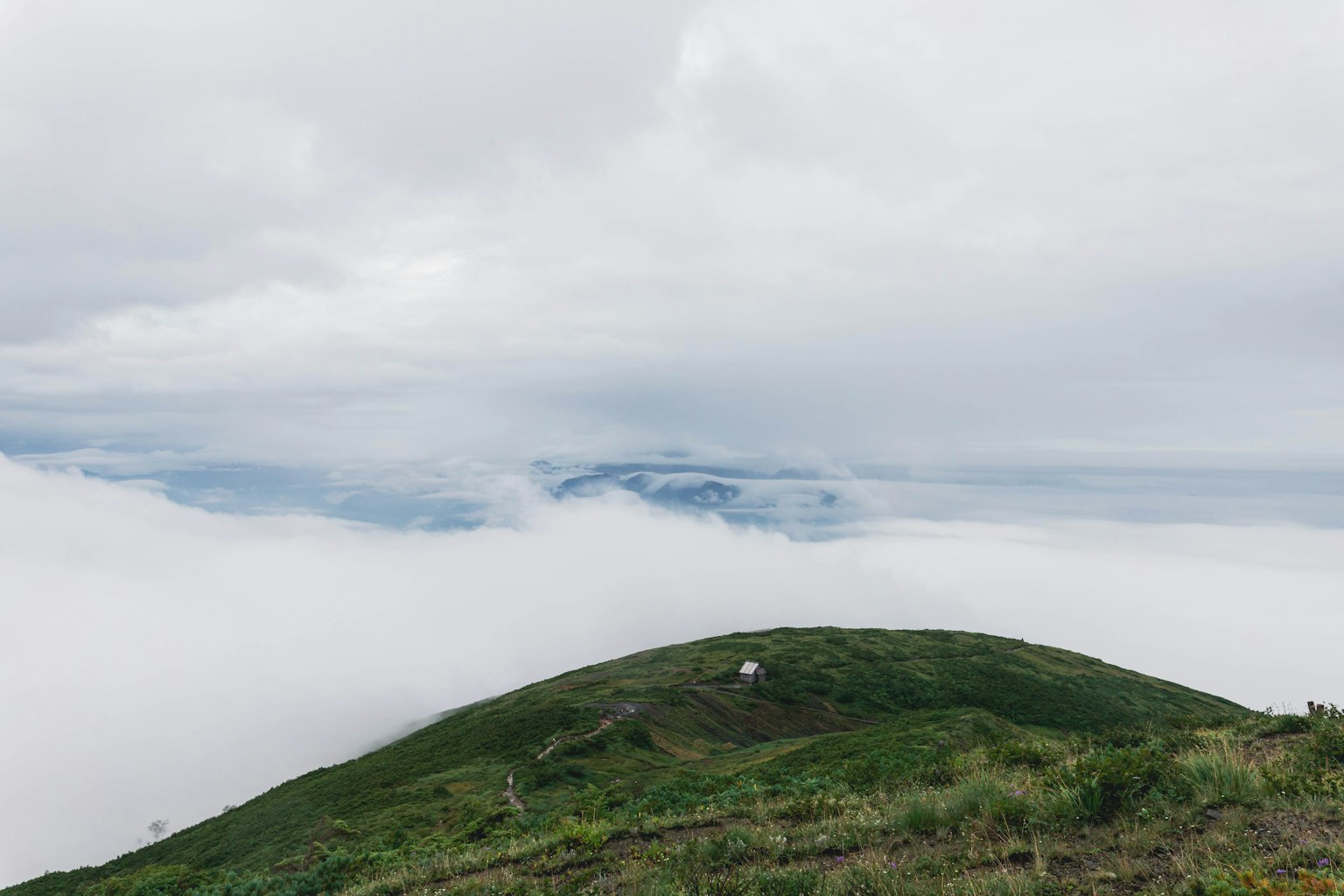 Green hill above the sea of clouds with overcast sky