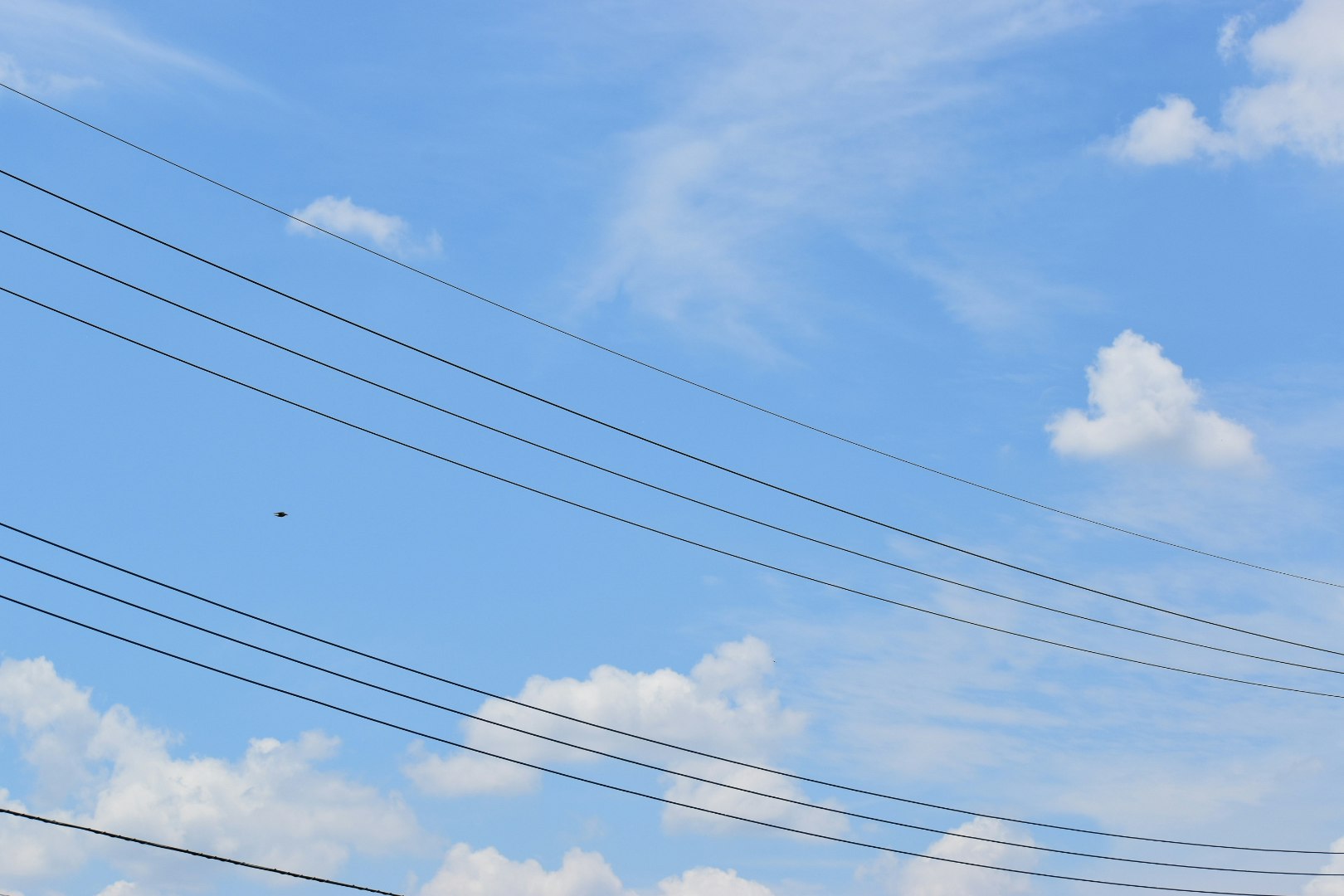 青空の下に伸びる電線と雲
