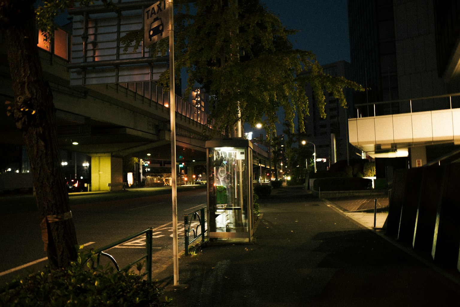Bus stop and street lights in a nighttime urban setting