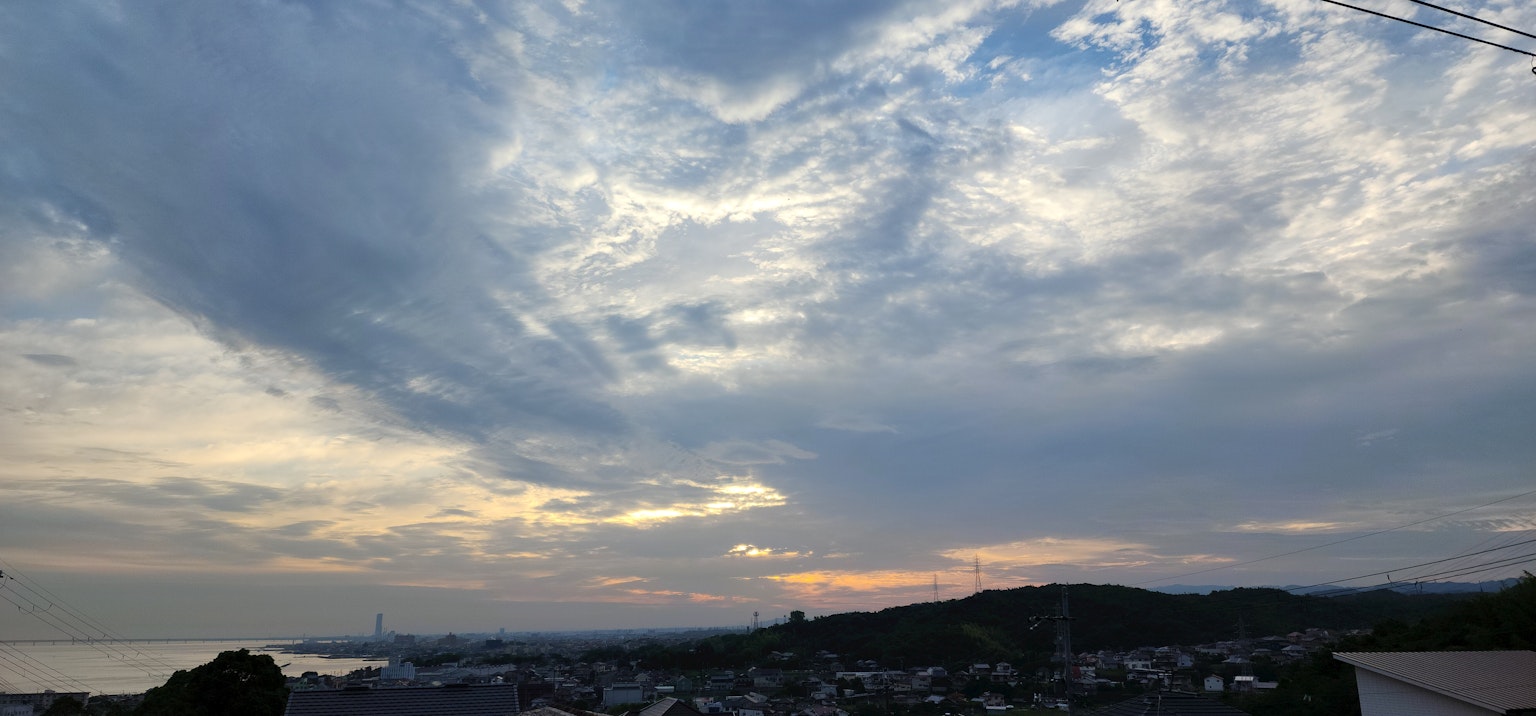 海上日落與散布雲彩的全景