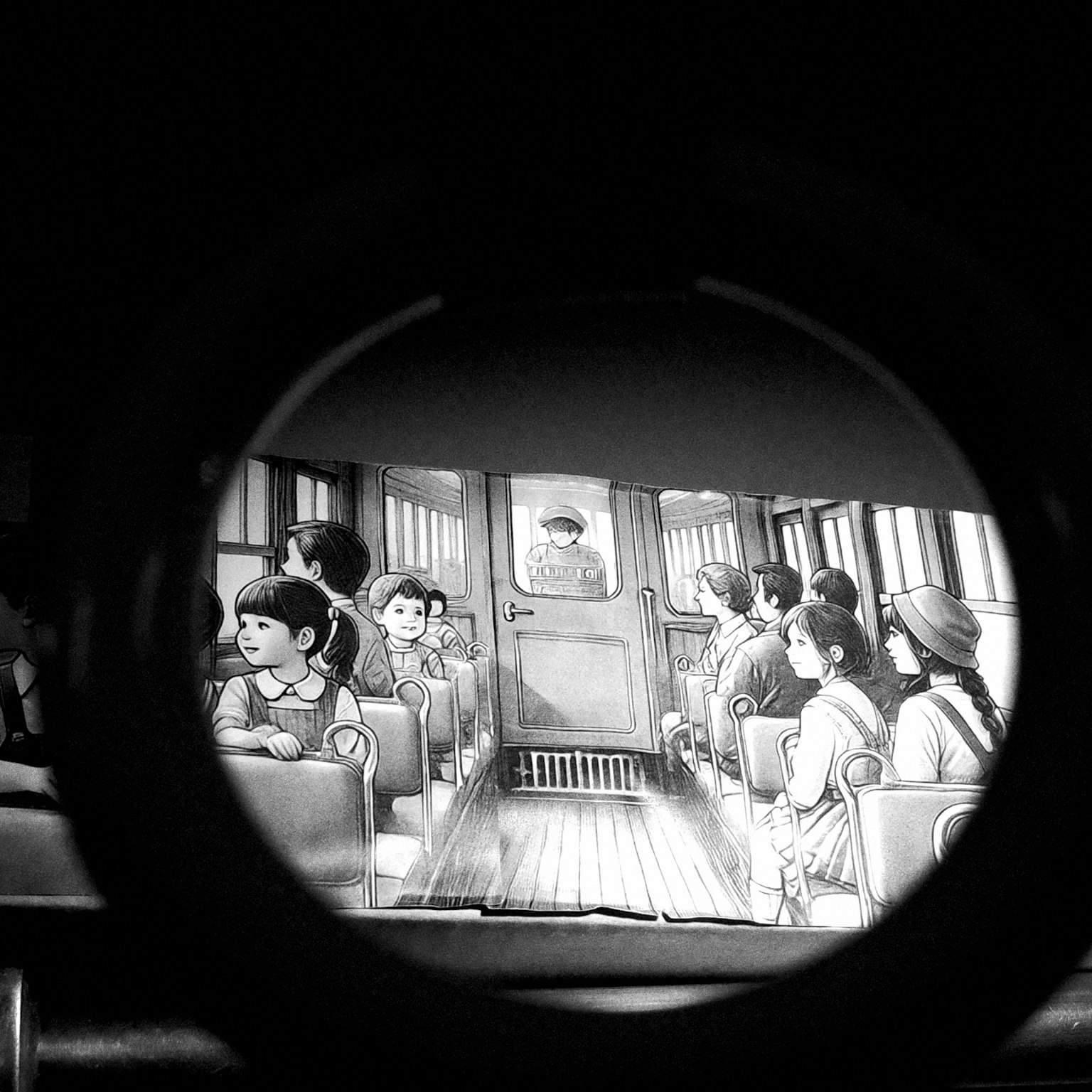バスの窓越しに見える乗客たちの白黒のイラスト