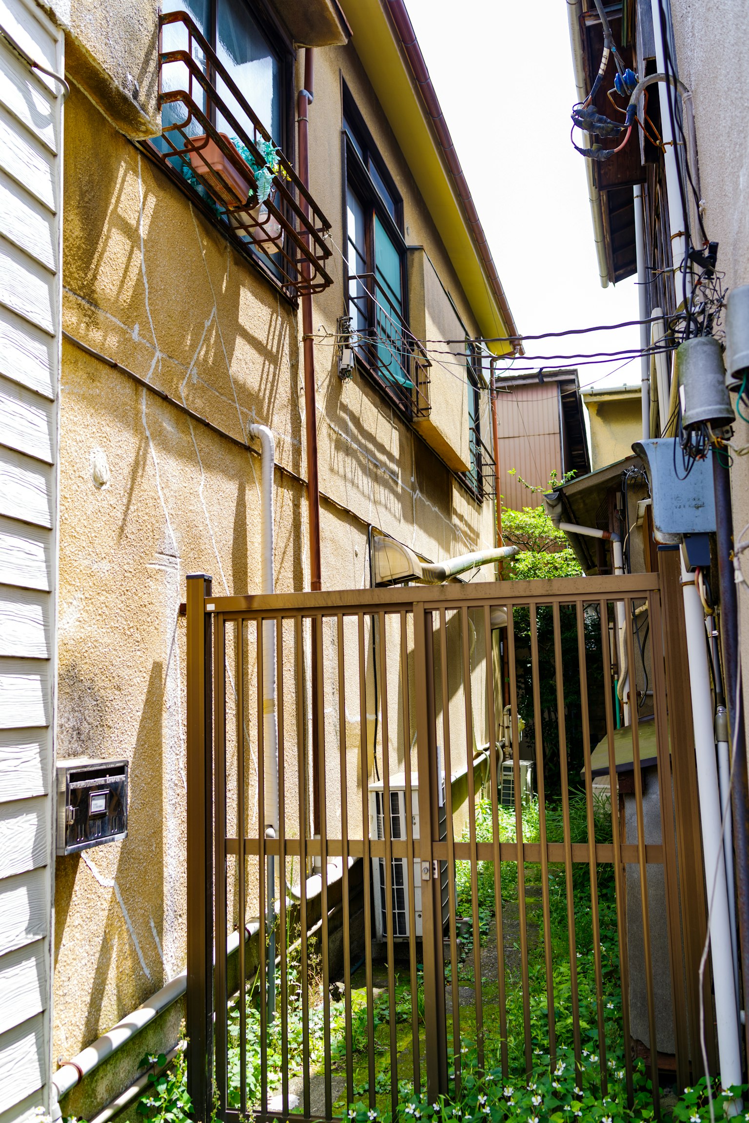 Narrow alleyway with an old house and a metal gate surrounded by greenery