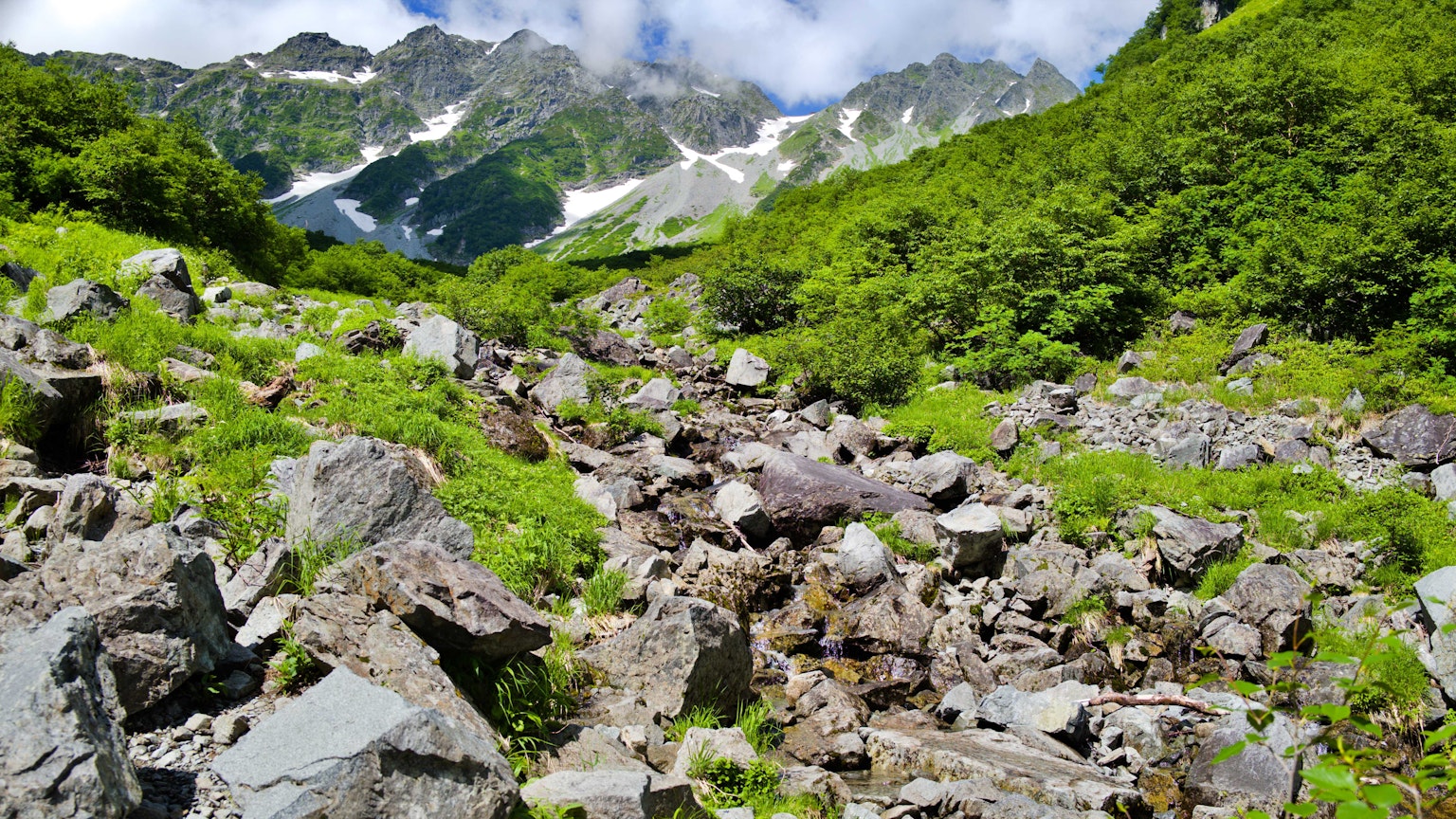 Un ruisseau traversant une vallée rocheuse entourée de montagnes verdoyantes