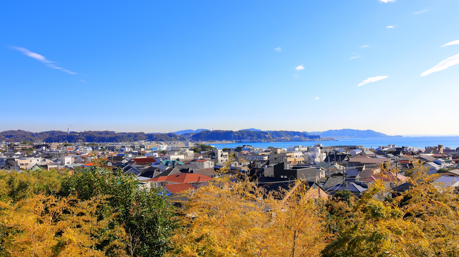 Panoramablick auf eine Stadt mit herbstlichem Laub unter klarem blauen Himmel