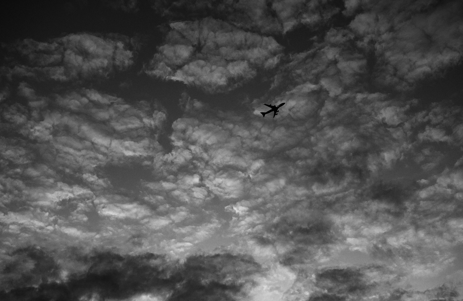 Imagen en blanco y negro de un avión volando en un cielo nublado