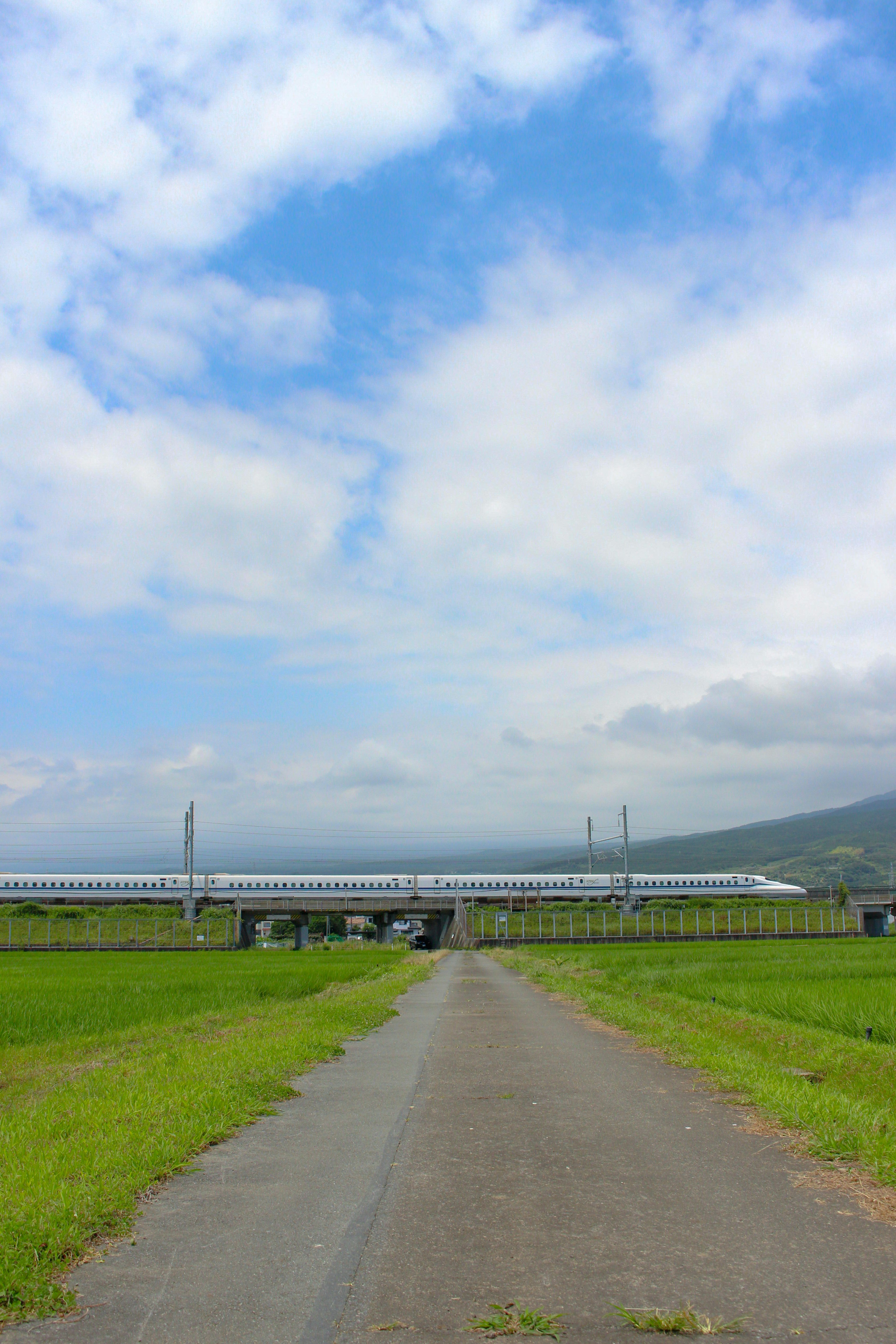 青空の下を走る新幹線と線路のある夏の風景
