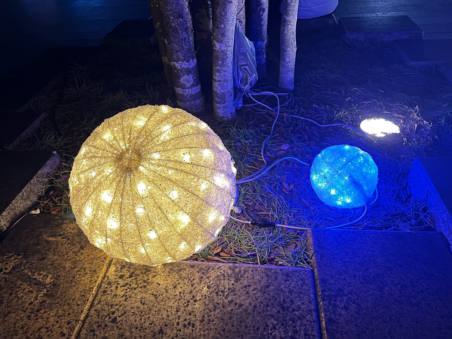 Luces decorativas en blanco y azul iluminadas por la noche al aire libre