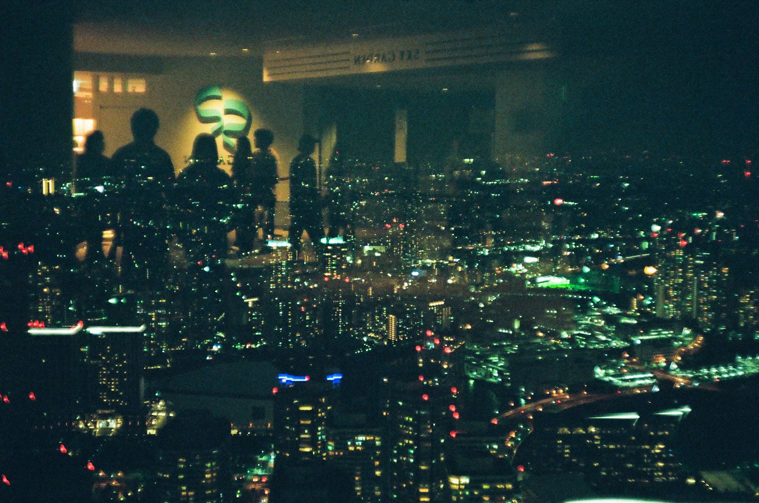 Silhouettes of people against a city skyline at night