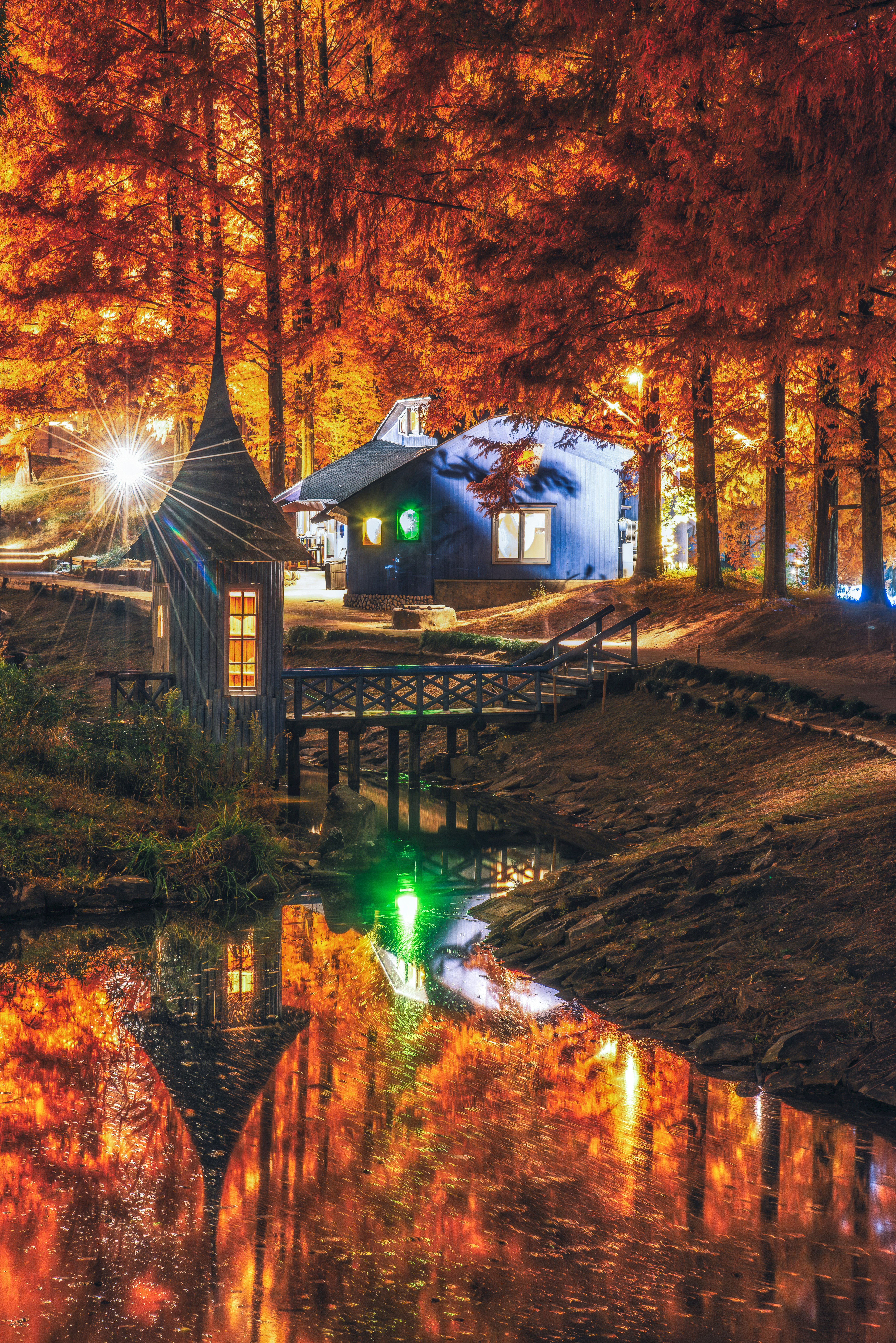 A fairy-tale forest cottage along a lit path