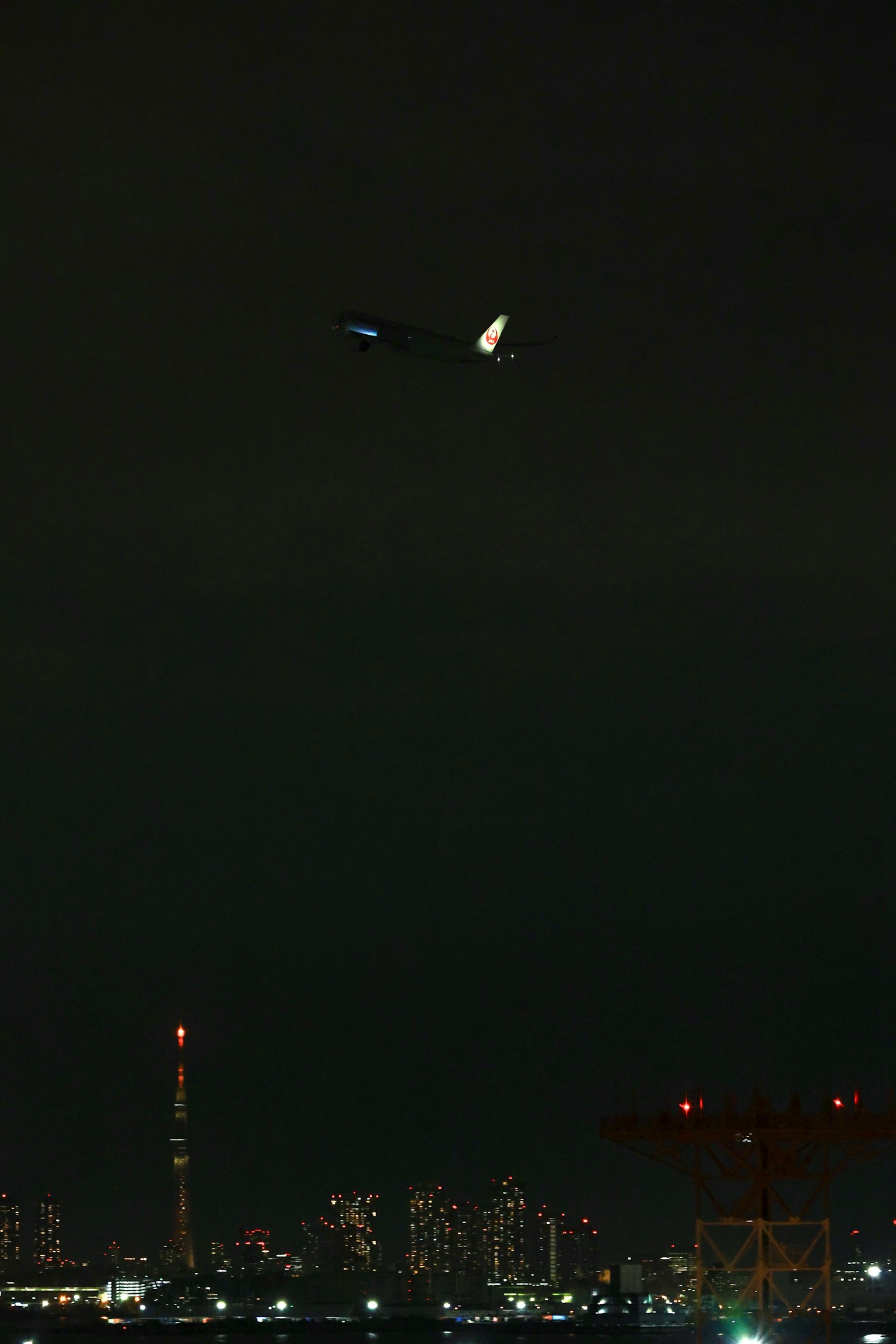 Aereo che vola nel cielo notturno con la Torre di Tokyo sullo sfondo