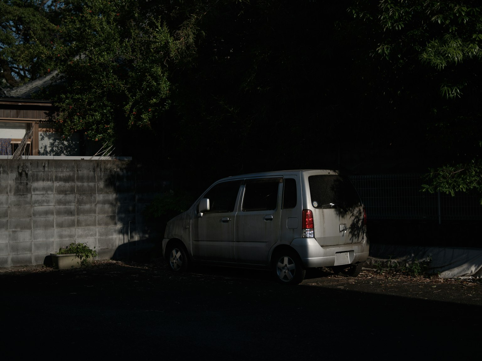 Voiture argentée garée dans une zone sombre entourée d'arbres verts