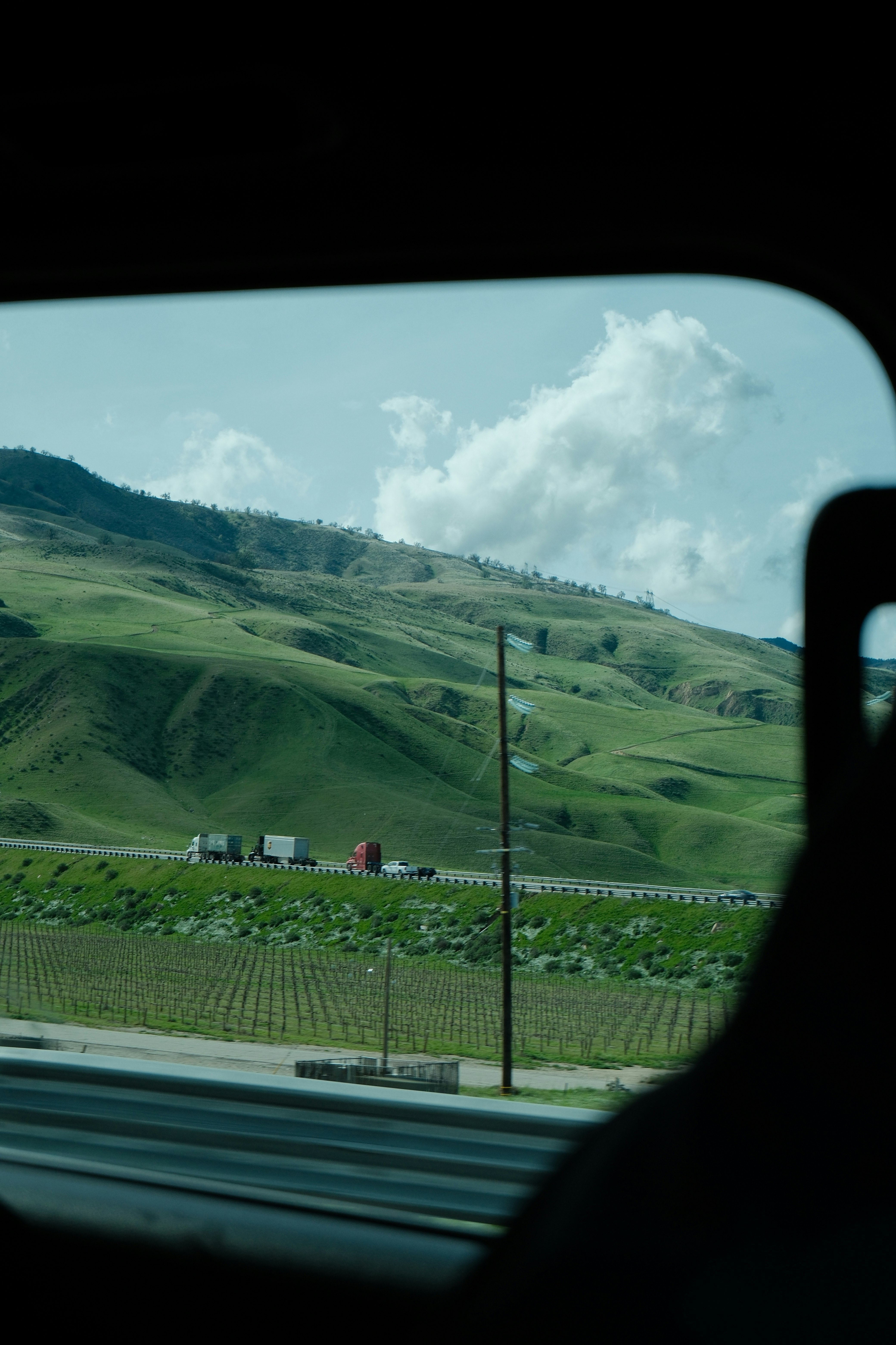 Colline verdi dello Yosemite e campi visti dal finestrino dell’auto