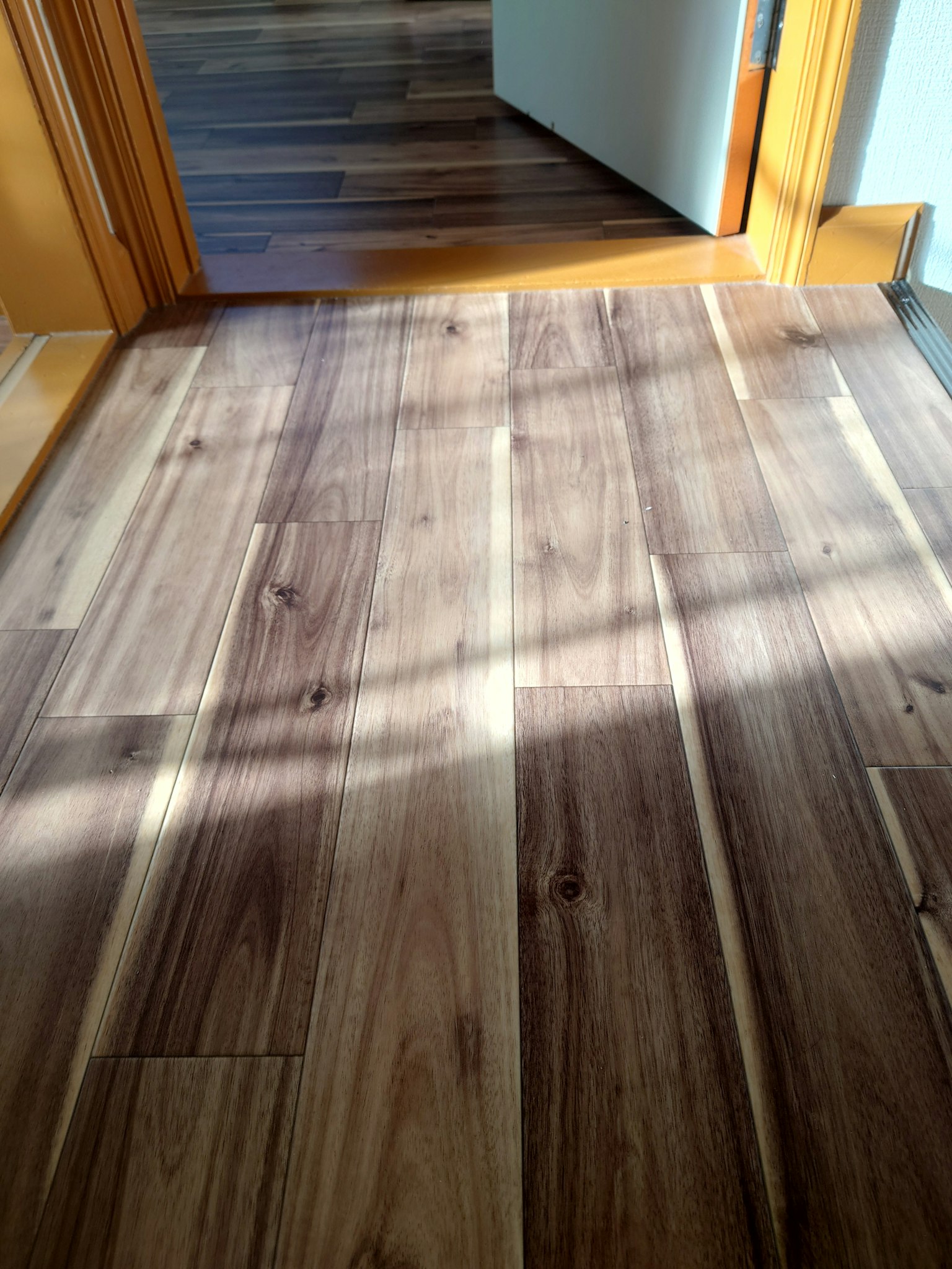 Interior view of a wooden floor with sunlight casting shadows