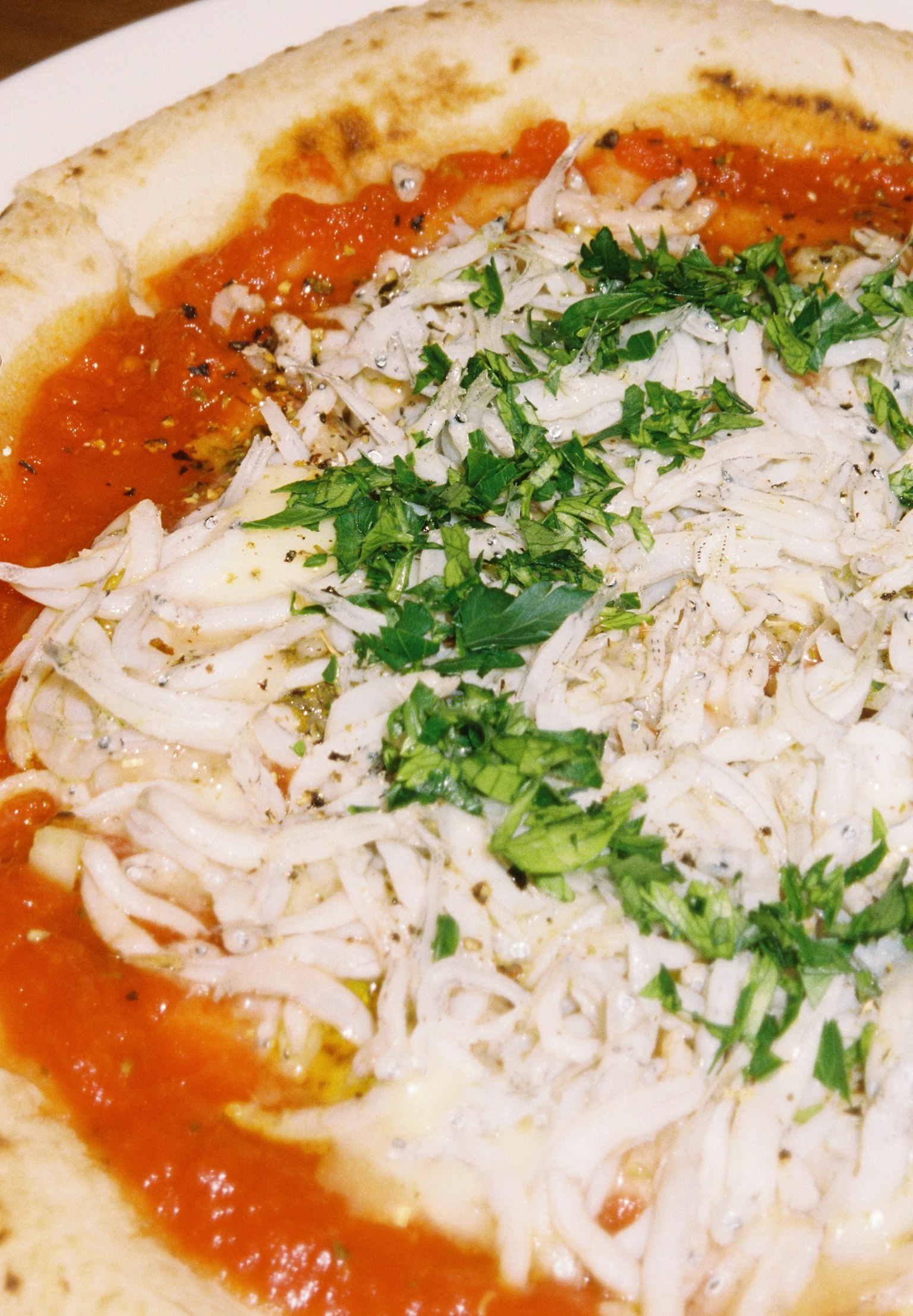 Gros plan sur une pizza garnie de sauce tomate et de persil