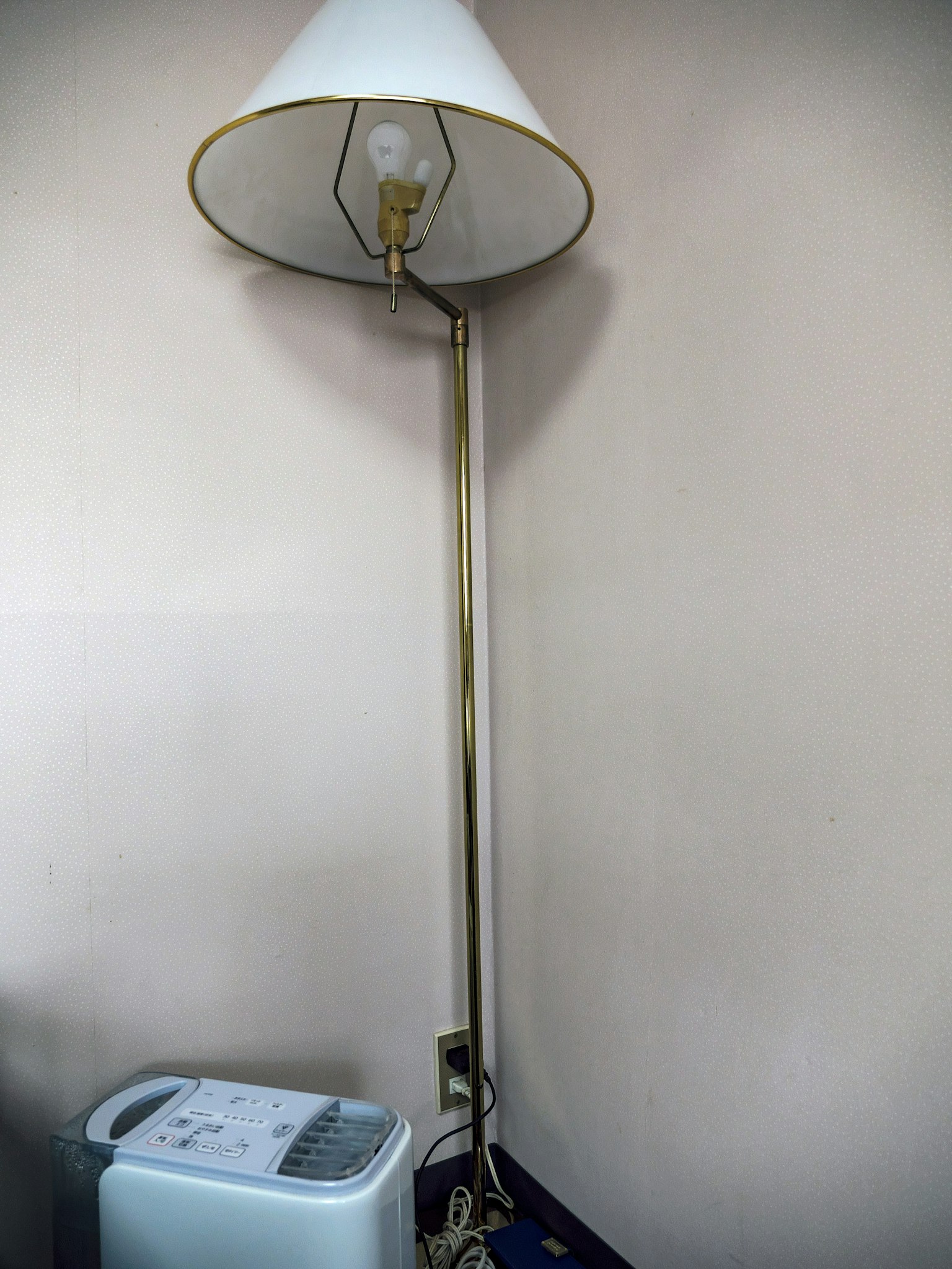 Goldener Stehlampe mit weißem Schirm in einer Ecke eines Raumes