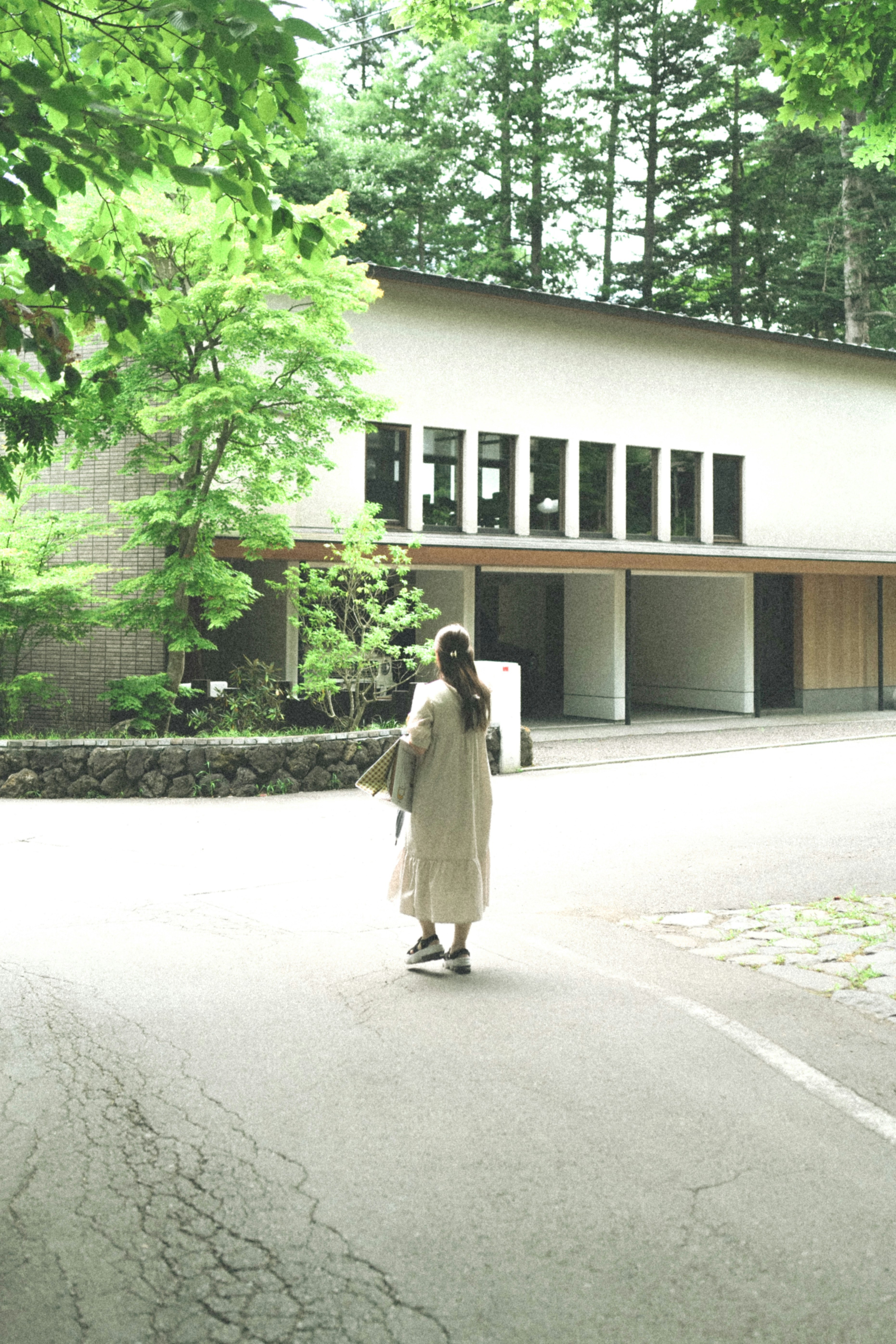 緑の木々に囲まれた白い建物の中庭を歩く女性