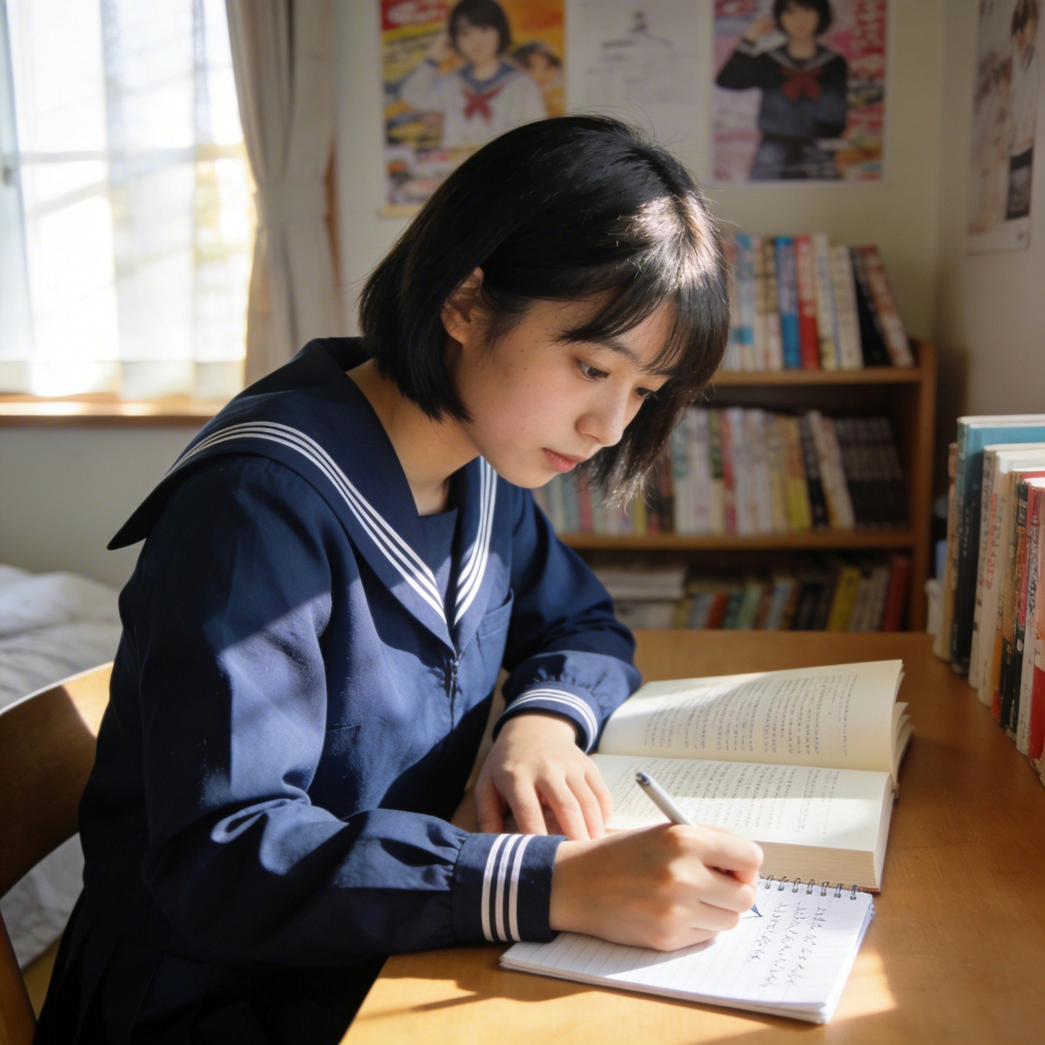 自室で勉強する学生の机上学習風景