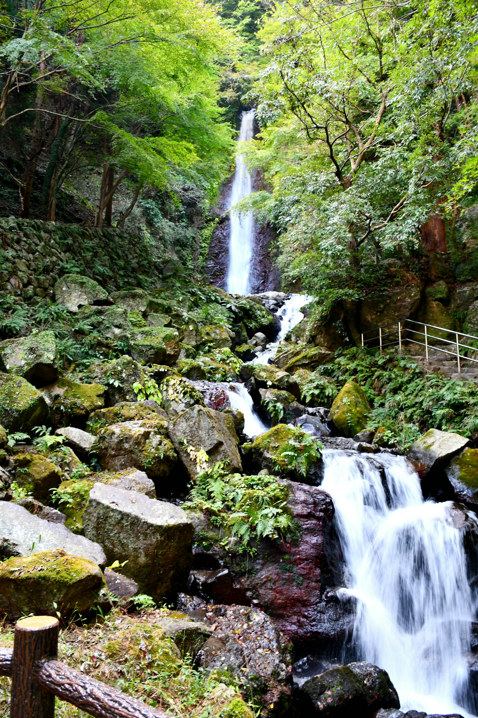瀑布流經郁郁蔥蔥的綠色植物和岩石