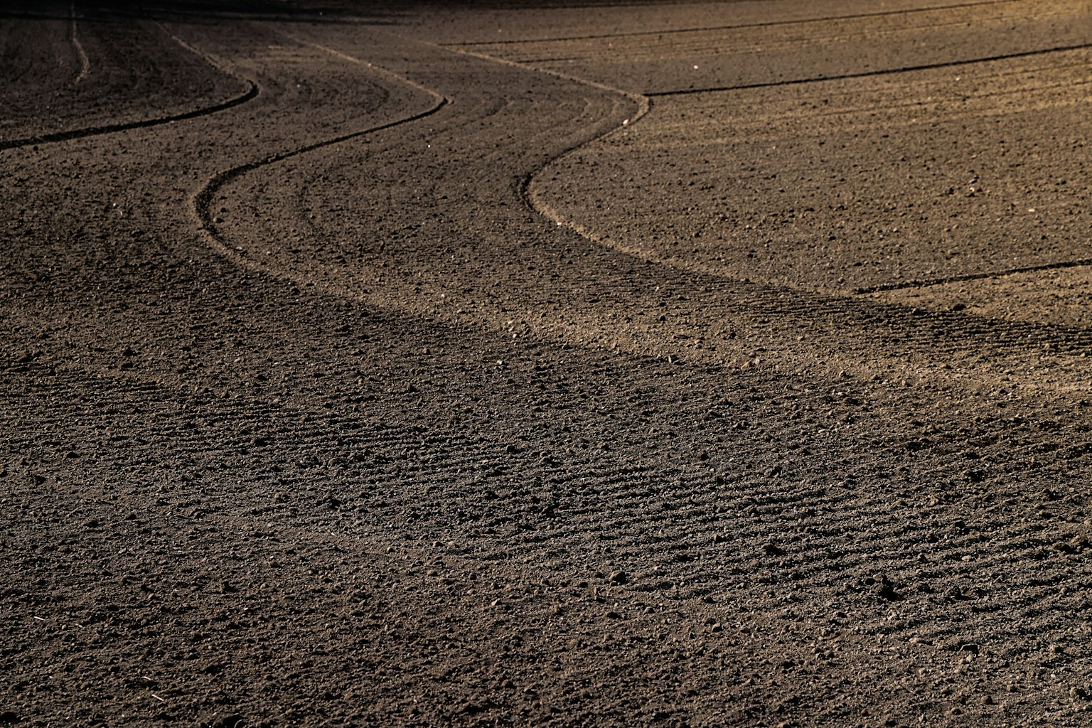Linee curve sulla superficie del terreno arato in un campo