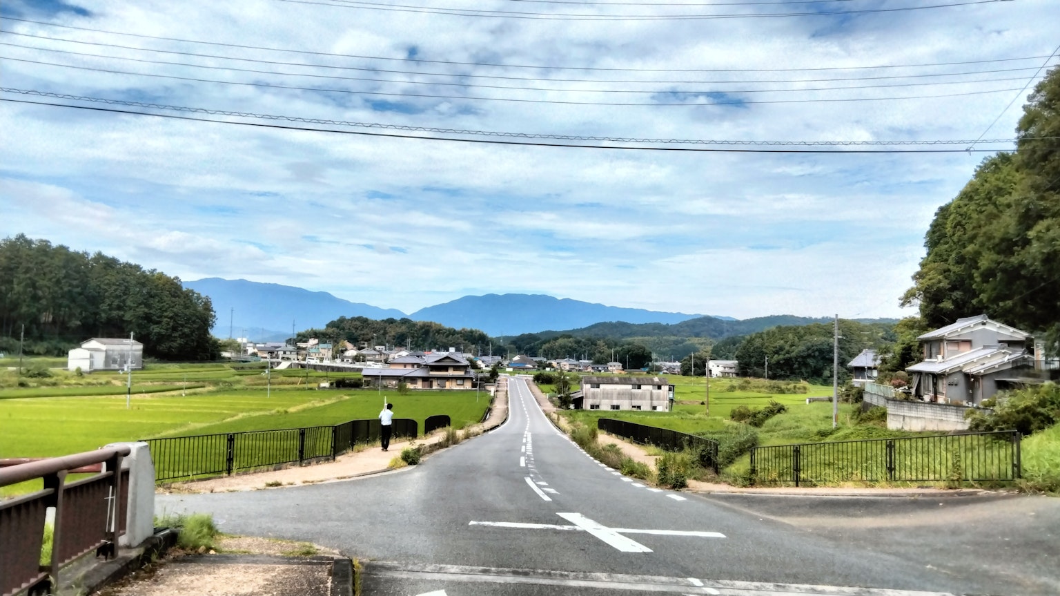 一條穿過綠色田野的鄉村道路，背景是山脈