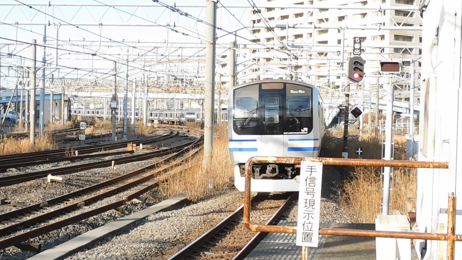 火車駛向信號燈的鐵路場景，有多條軌道