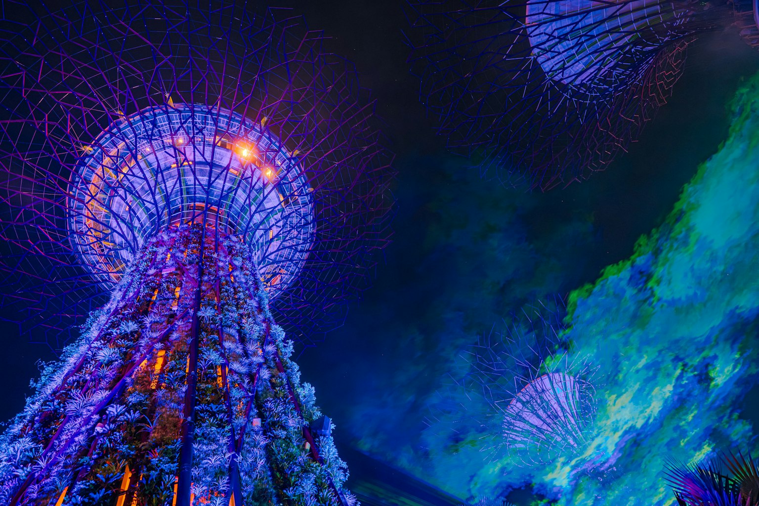 Impresionante vista de superárboles iluminados contra un cielo oscuro