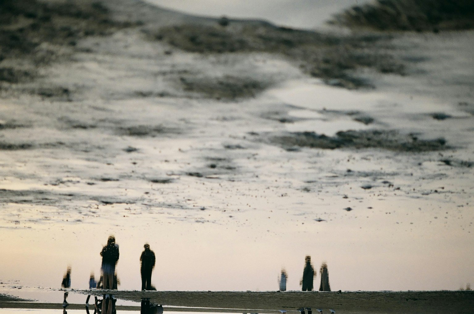 Silhouette di persone che passeggiano su una spiaggia tranquilla al tramonto
