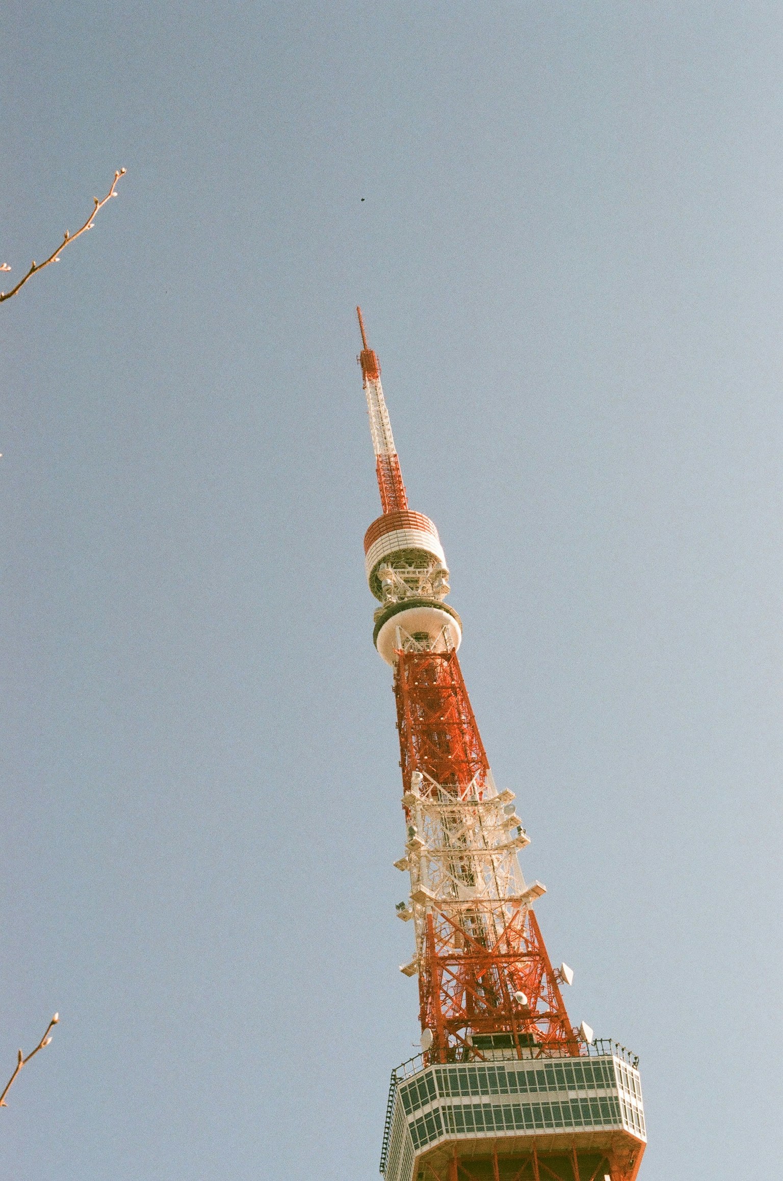 Vista della parte superiore della Torre di Tokyo contro un cielo blu chiaro con colori rosso e bianco