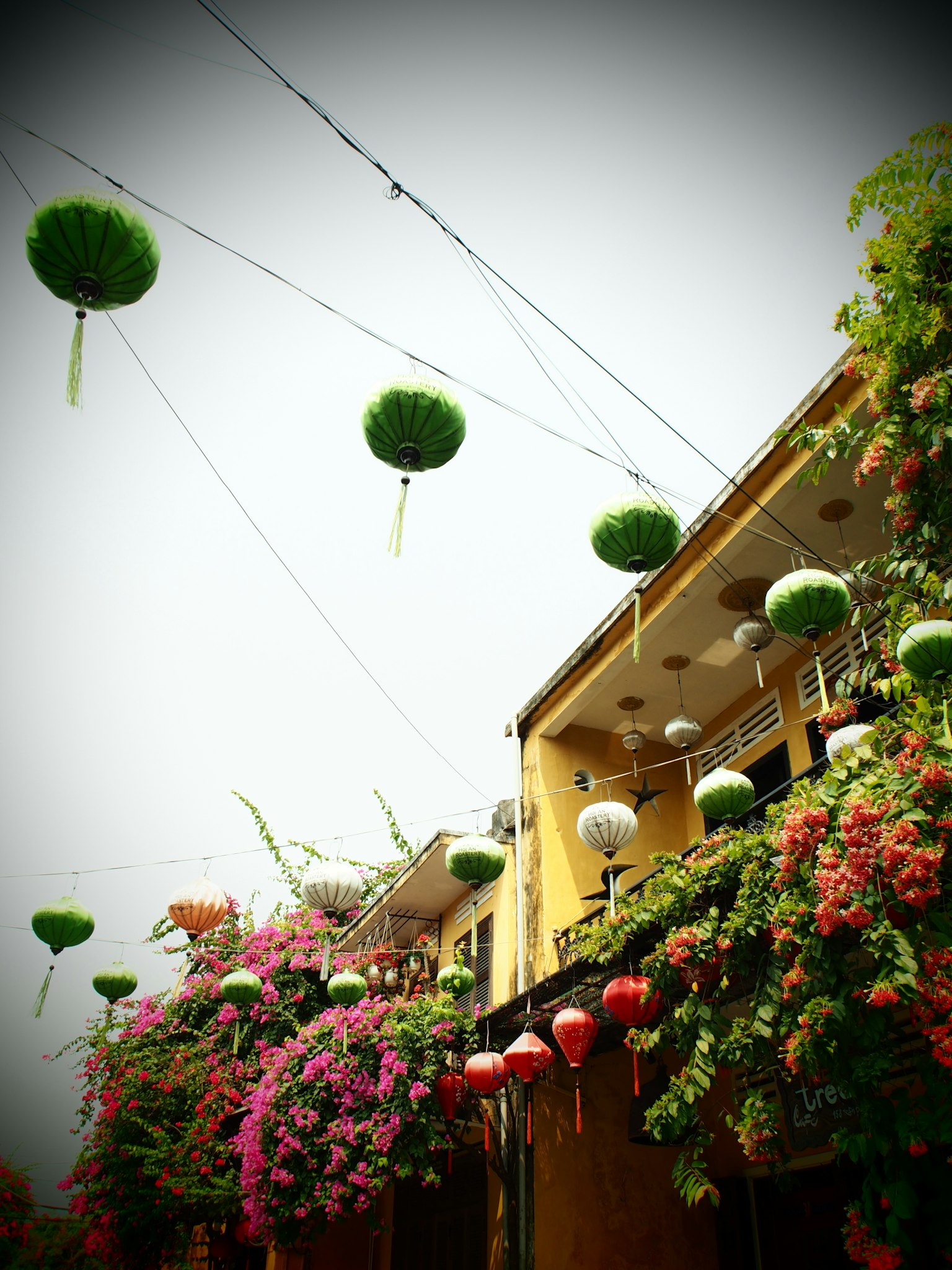 Edificio adornado con flores vibrantes y decoraciones verdes colgantes
