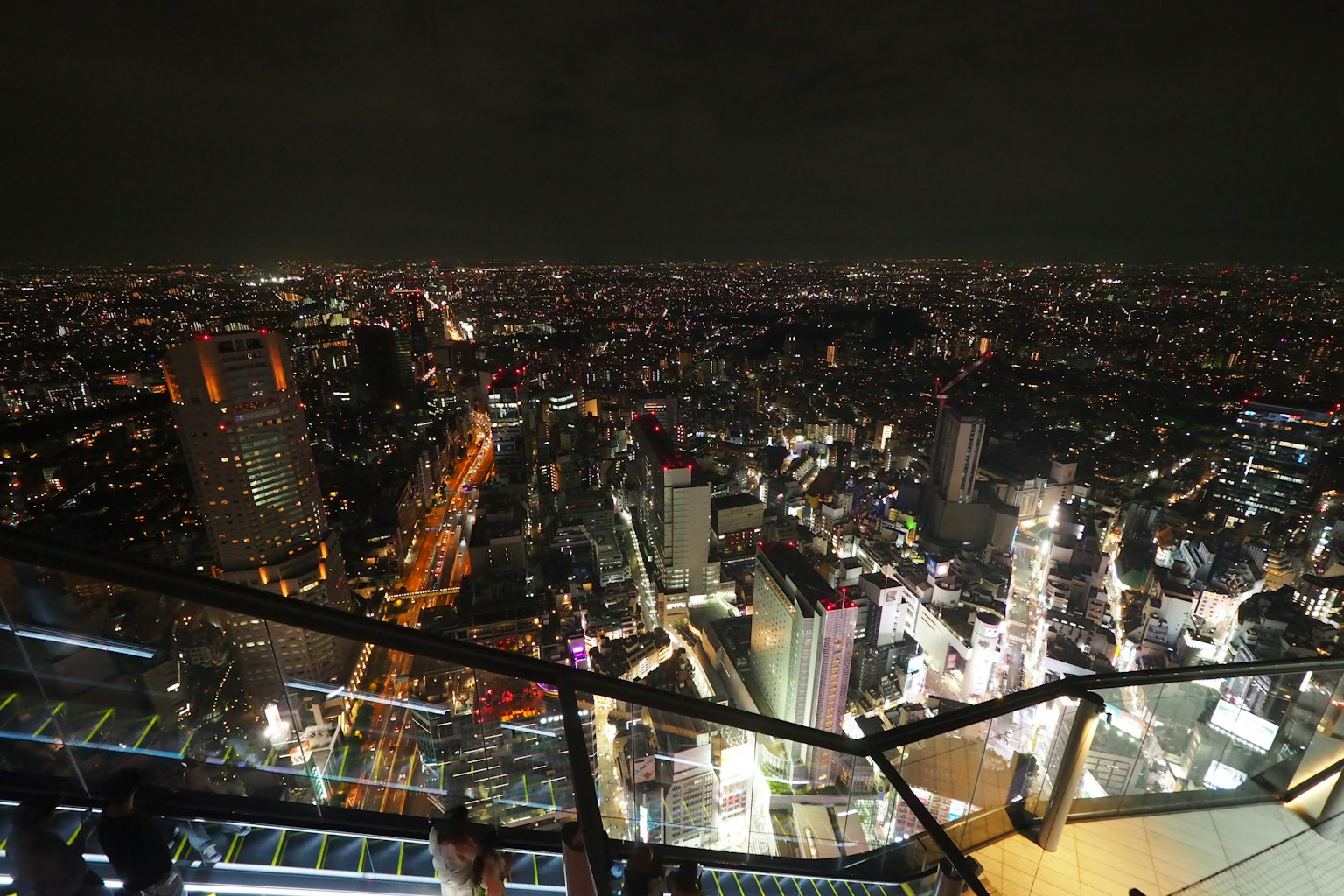 View from a observation deck overlooking Tokyo's night skyline Bright city lights and skyscrapers spread across the horizon