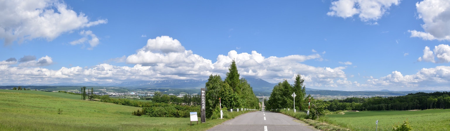 Una vista escénica de campos verdes bajo un cielo azul con nubes blancas y una carretera serpenteante