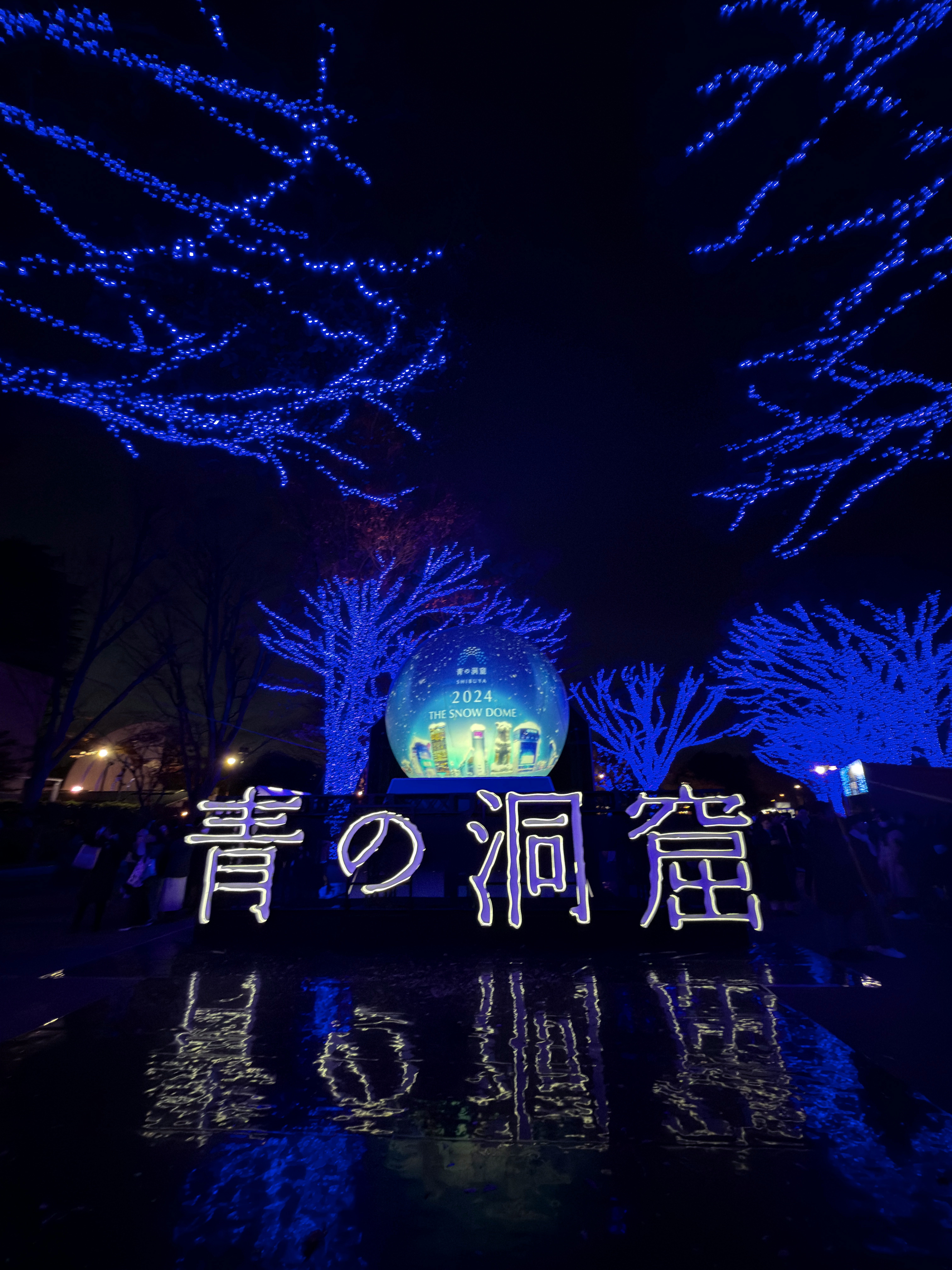 青いイルミネーションで彩られた水辺のイベント看板の夜景
