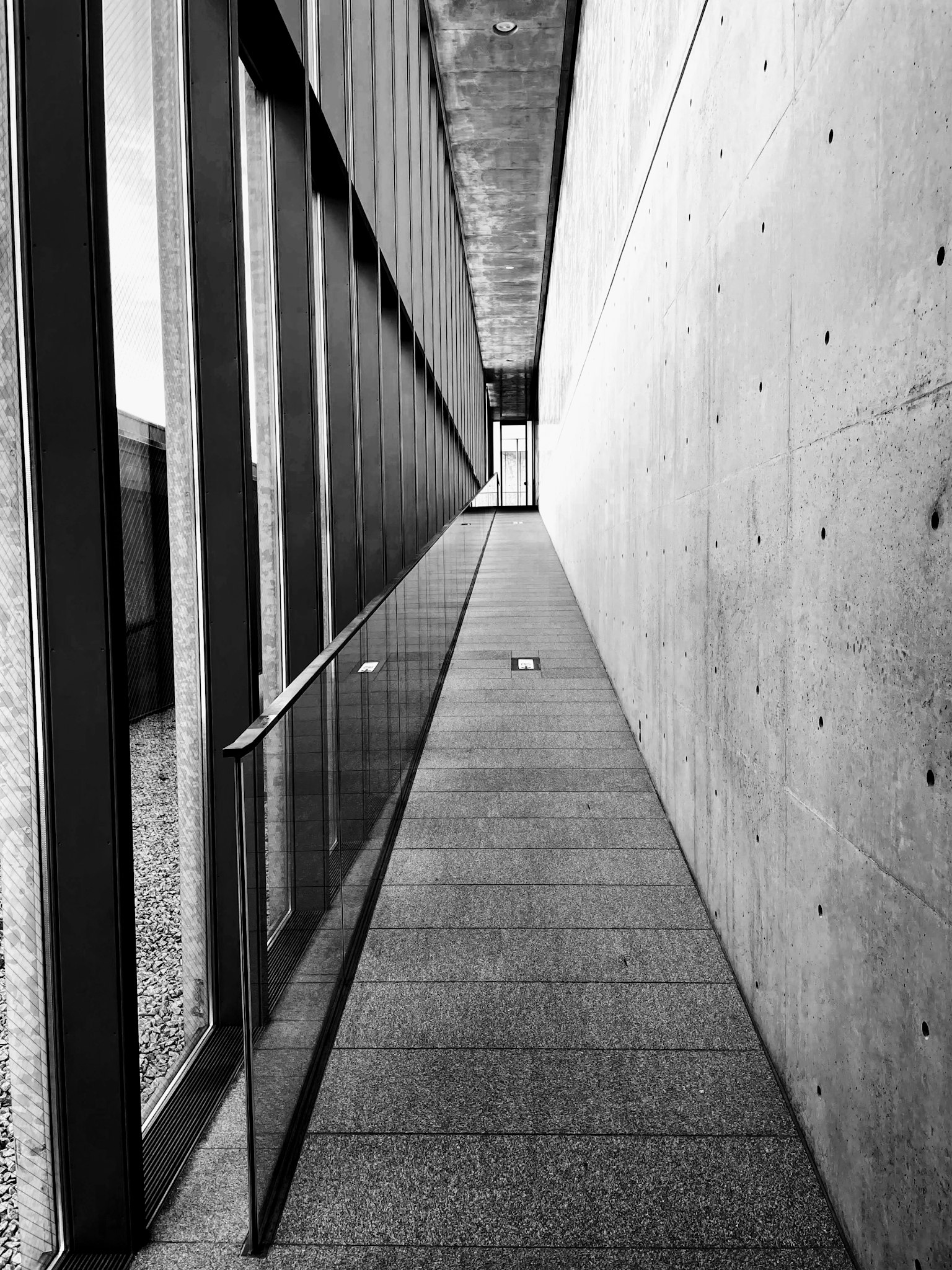 Corridoio architettonico moderno in bianco e nero Muri in vetro e cemento Lungo passaggio lineare