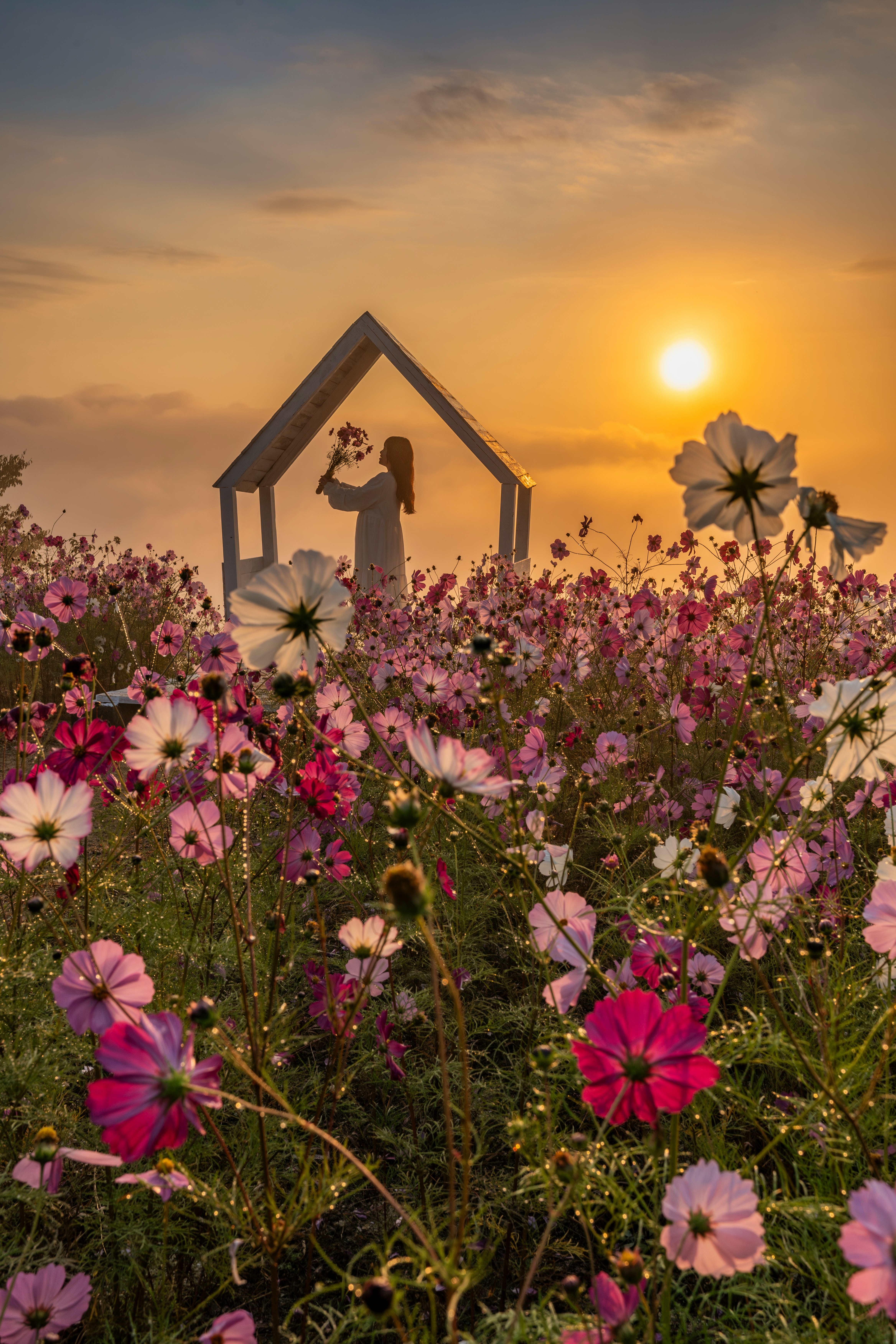花畑の中に立つ小さな家のオブジェと夕日